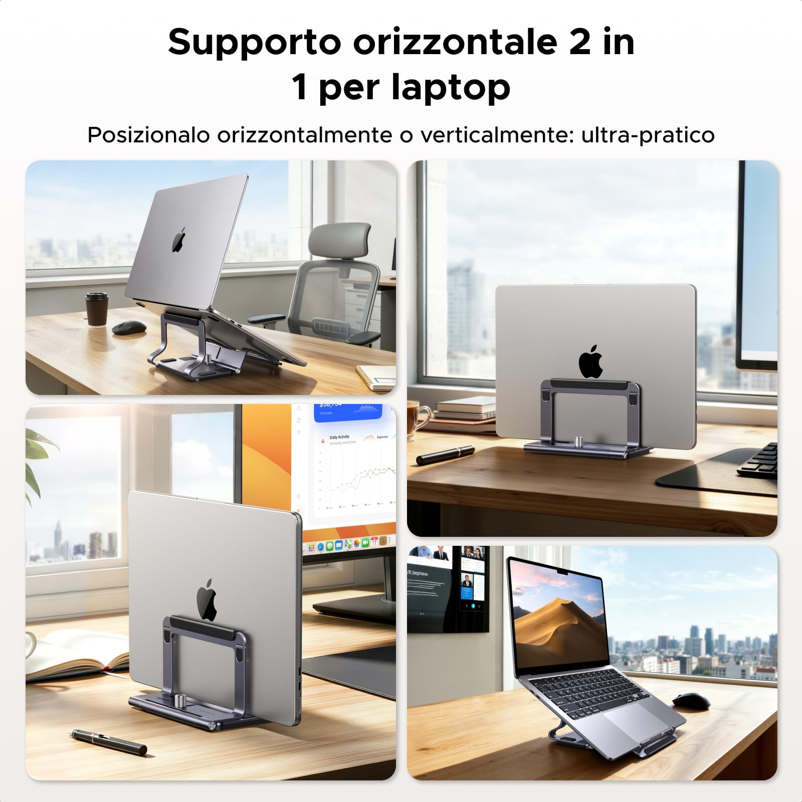 UGREEN Supporto Verticale Orizzontale 2 in 1 per Laptop Regolabile Stand per PC Portabile Salvaspazio Compatibile con MacBook Pro Air MateBook Chromebook Surface Dell HP iPad Pro Air Grigio