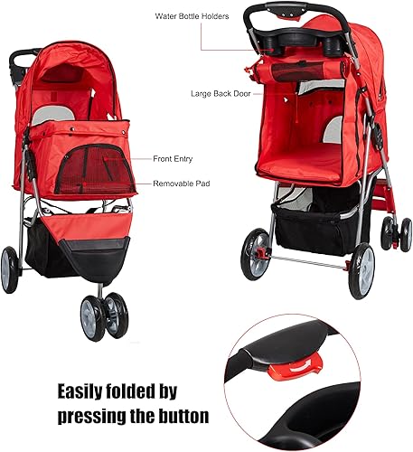 Miniatura 5 de Cochecito plegable para mascotas Elite Jogger Kitten Puppy Easy Walk Dog Cat Small Animals Travel Carrier con rueda delantera giratoria 360 rojo