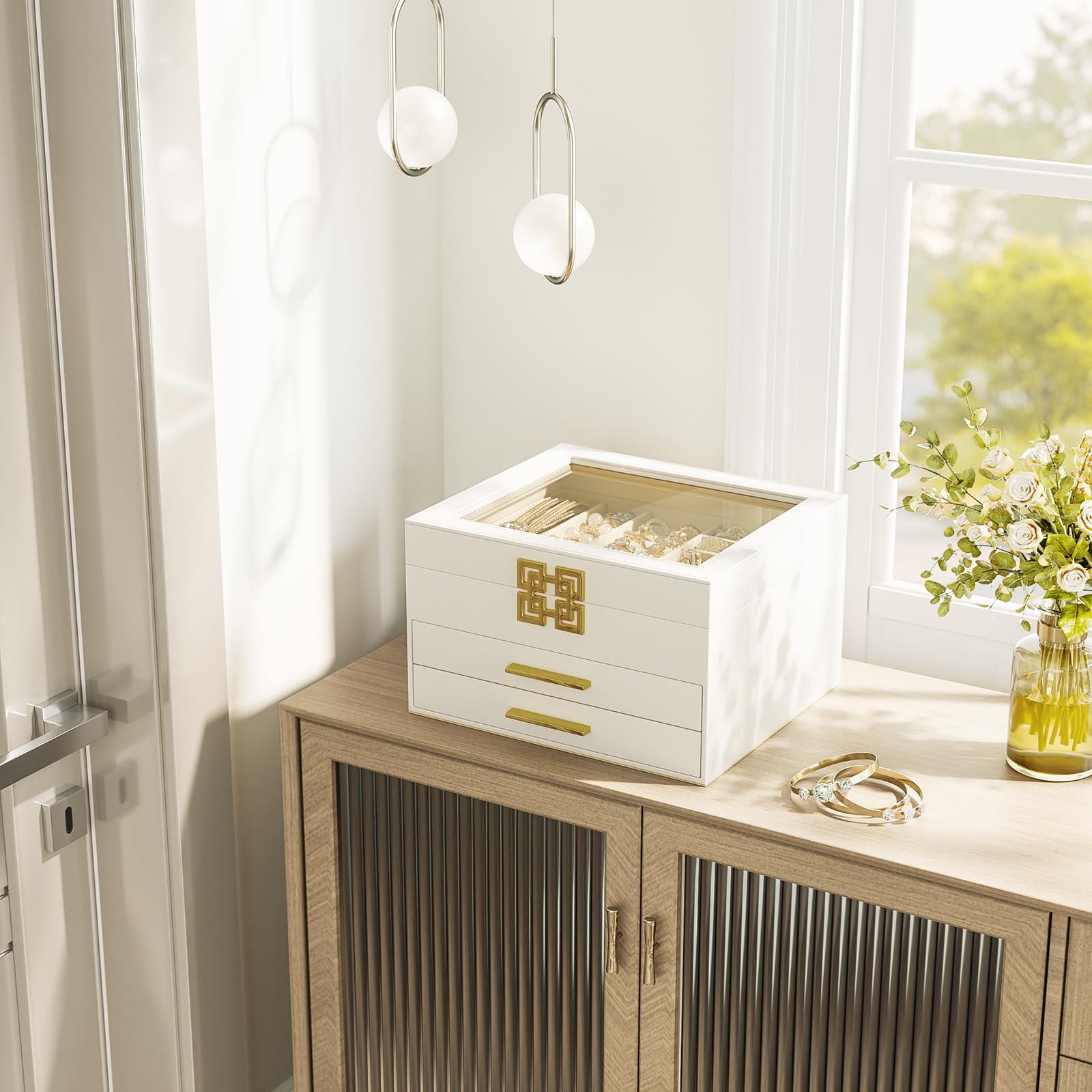 SRIWATANA Jewelry Box with Glass Lid, Mother's Day Gift, 3-Layer Jewelry Organizer with 2 Drawers, for Necklaces, Bracelets, Earrings, Rings, Jewelry Storage, White