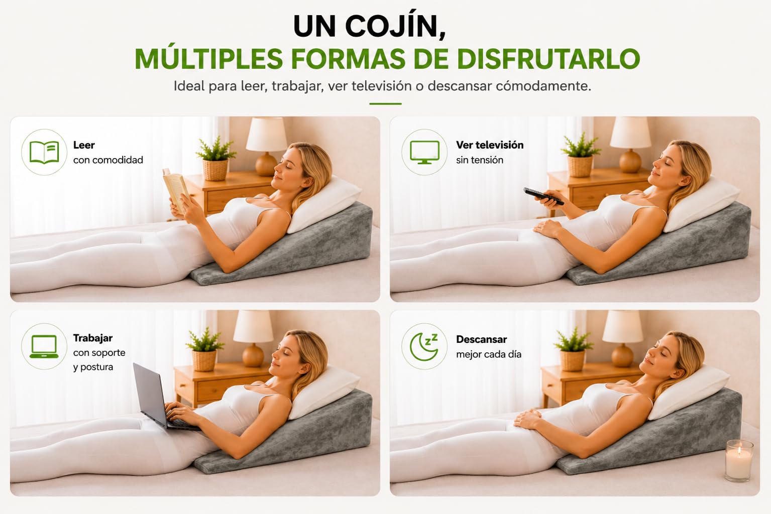 MATTREX | Cojín Cuña Gris 80x68x16 cm Soporte Lumbar y Cervical 2 Zonas – Cojín Cuña Elevador Piernas y Respaldo de Cama – Cuña Ergonómica Leer, Trabajar, Ver TV y Descansar