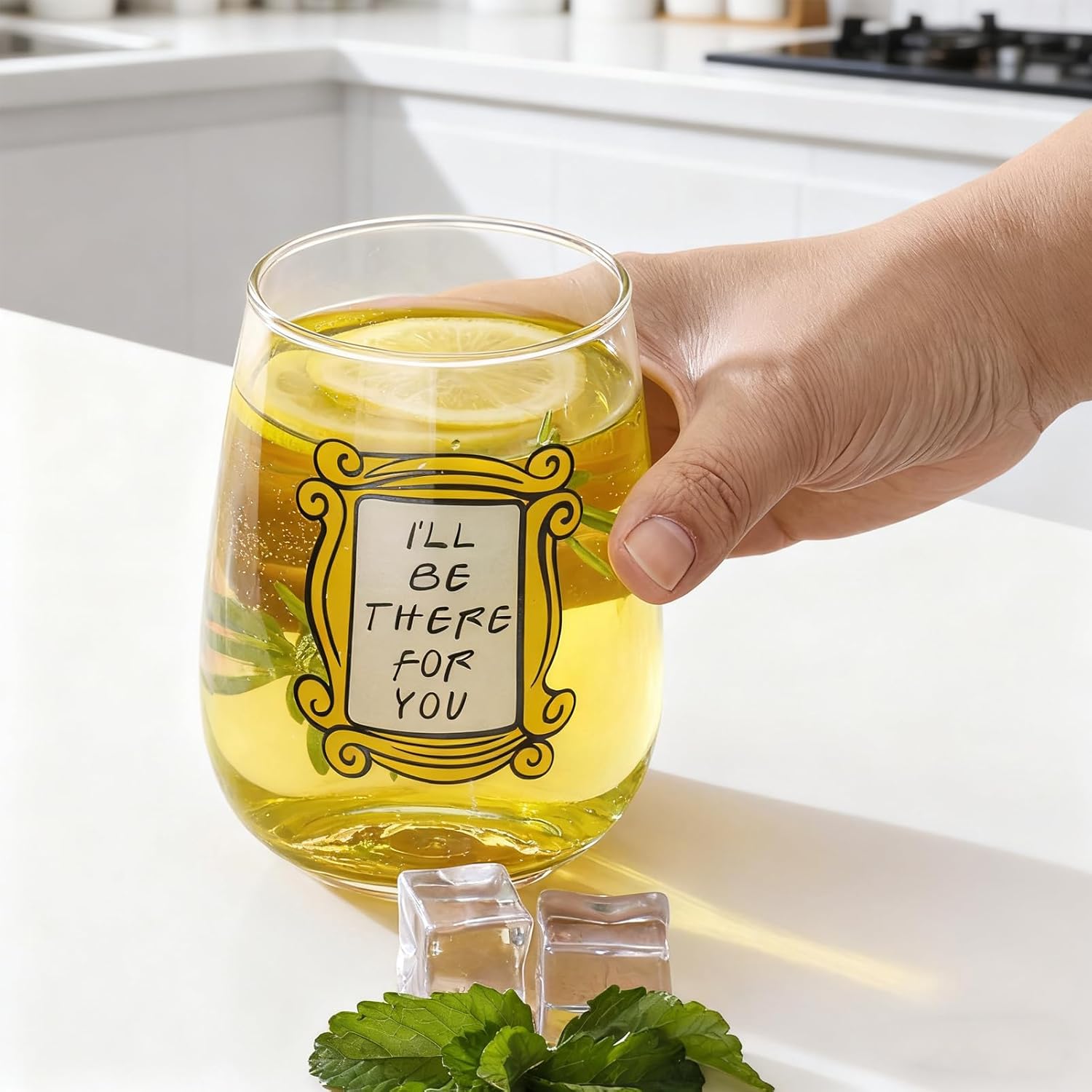 Friends Cup TV Show Merchandise-Friends TV Show Wine Gifts for Women-Set of 4 Funny Wine Glasses 17oz-Stemless Glasses Housewarming Gift, TV Show Gifts for Fans