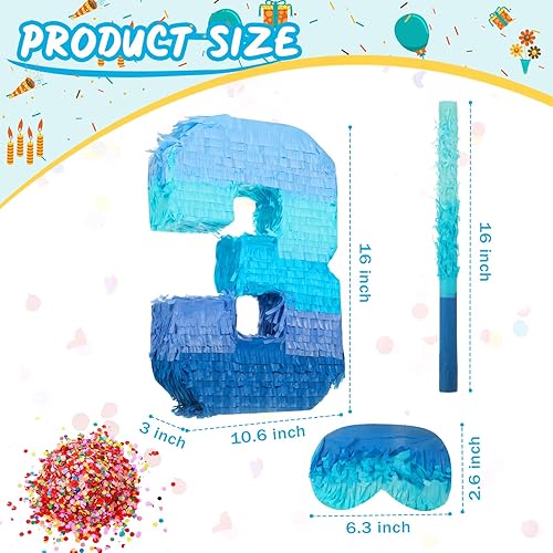 Miniatura 17 de Sratte Piñata número 1 2 3 4 5 6 7 8 9 Piñata con palo para los ojos vendados, piñata azul degradado para niños y niñas, suministros de decoración