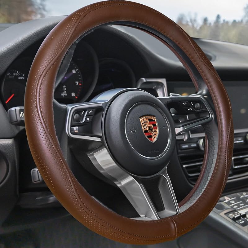 Capa para volante em couro legítimo marrom HAOKAY para carros, SUVs e caminhões, 36,8–38,1 cm