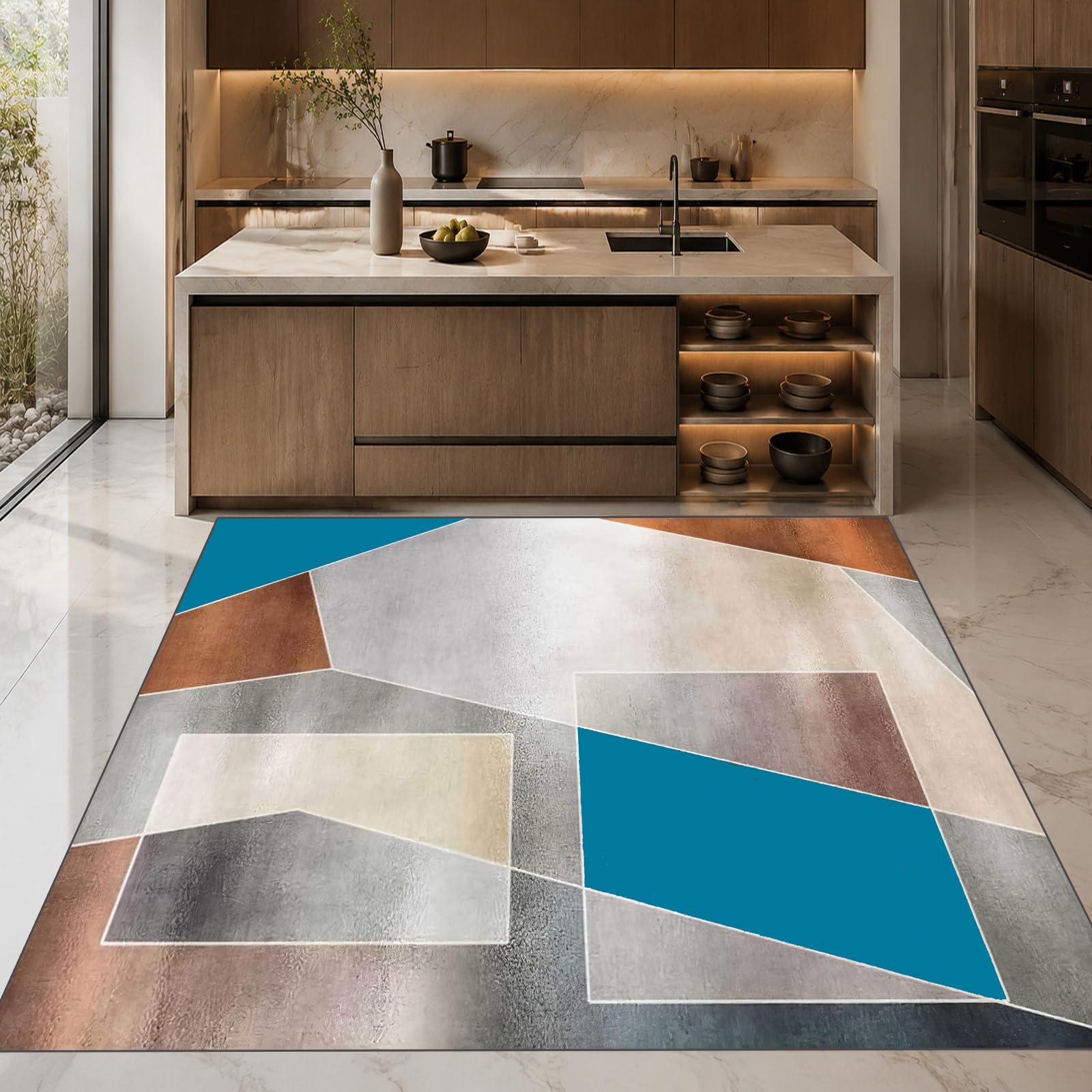 Tapis Carré, 180 x 180 cm, Géométrie Moderne Bleu Gris Marron Beige, Tapis pour Intérieur Salon Canapé, Jardin Extérieur Table Terrasse Balcon,