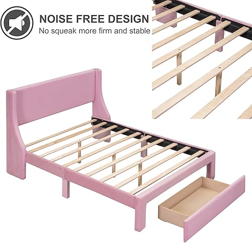 Miniatura 5 de Base de cama tapizada de terciopelo de tamaño matrimonial con un gran cajón de almacenamiento y cabecera copetuda, soporte de listones de madera