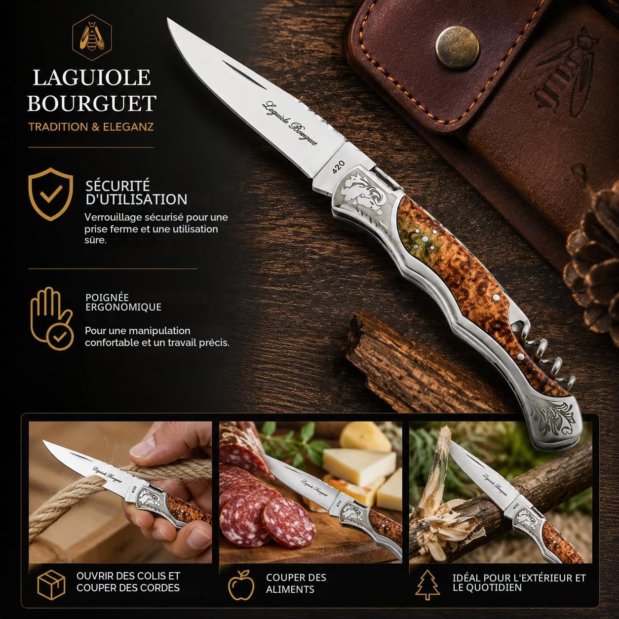 Couteau Pliant Manche en Bois – Couteau de Poche pour EDC & Outdoor