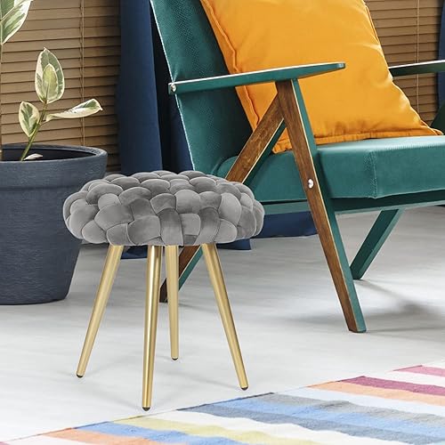 Miniatura 5 de Joveco Taburete de terciopelo para tocadores, dormitorio, sala de estar, taburete otomano redondo tapizado tejido, moderno, otomano, banco de