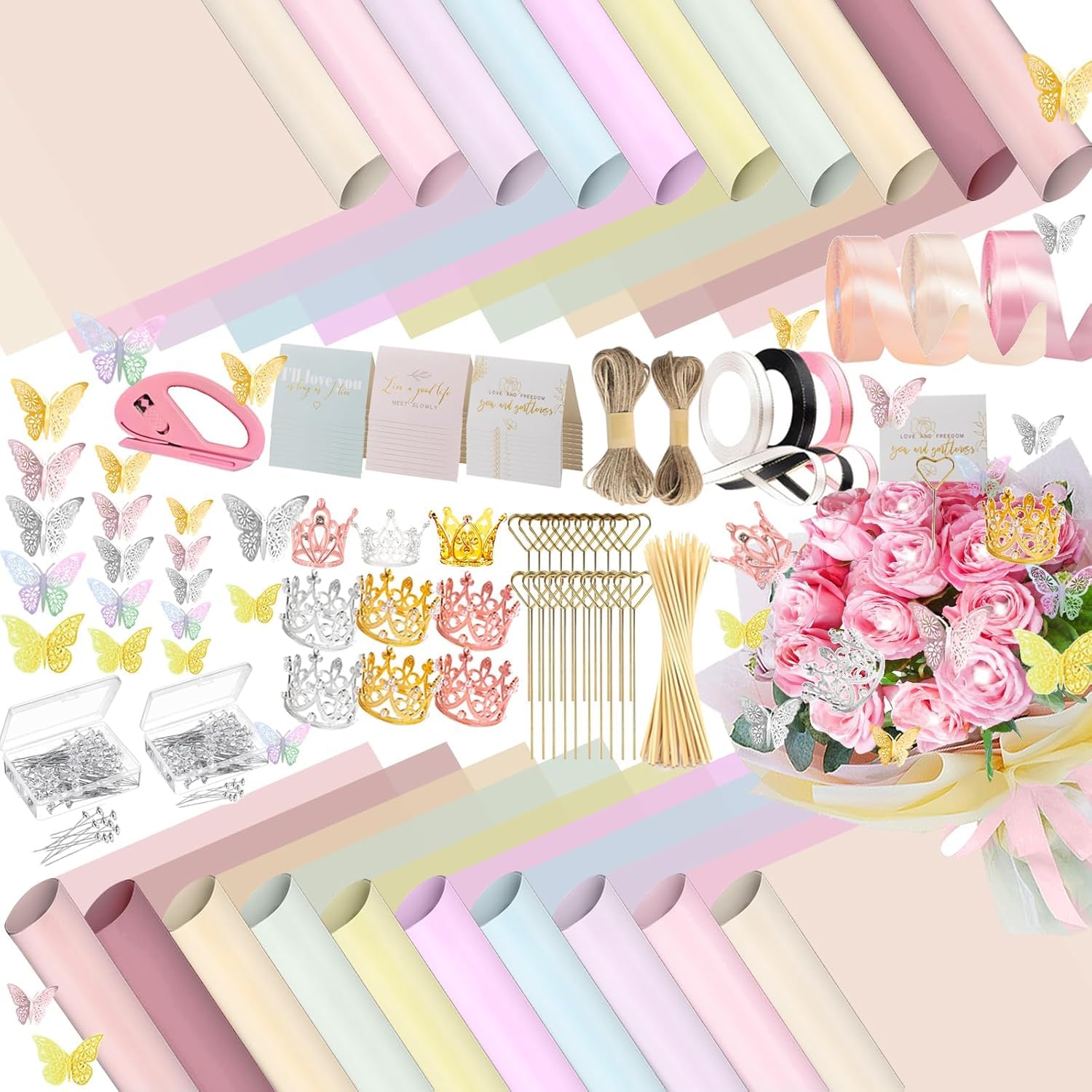 DNSGOOR Kit de 548 pièces de papier cadeau en forme de fleur avec 200 feuilles de papier cadeau étanche pour bouquet décoratif, couronnes, bouquet papillon 3D, rubans pour Saint-Valentin, remise de