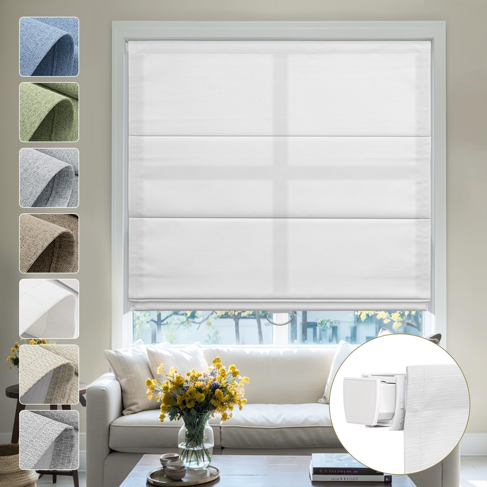 Moonice No Drill Roman Blinds for Windows Light Filtering Cordless Linen Roman Shades Elegant Fabric Shades for Indoor Windows,Thermal Insulated Tension Blinds for Bedroom Home Office, White