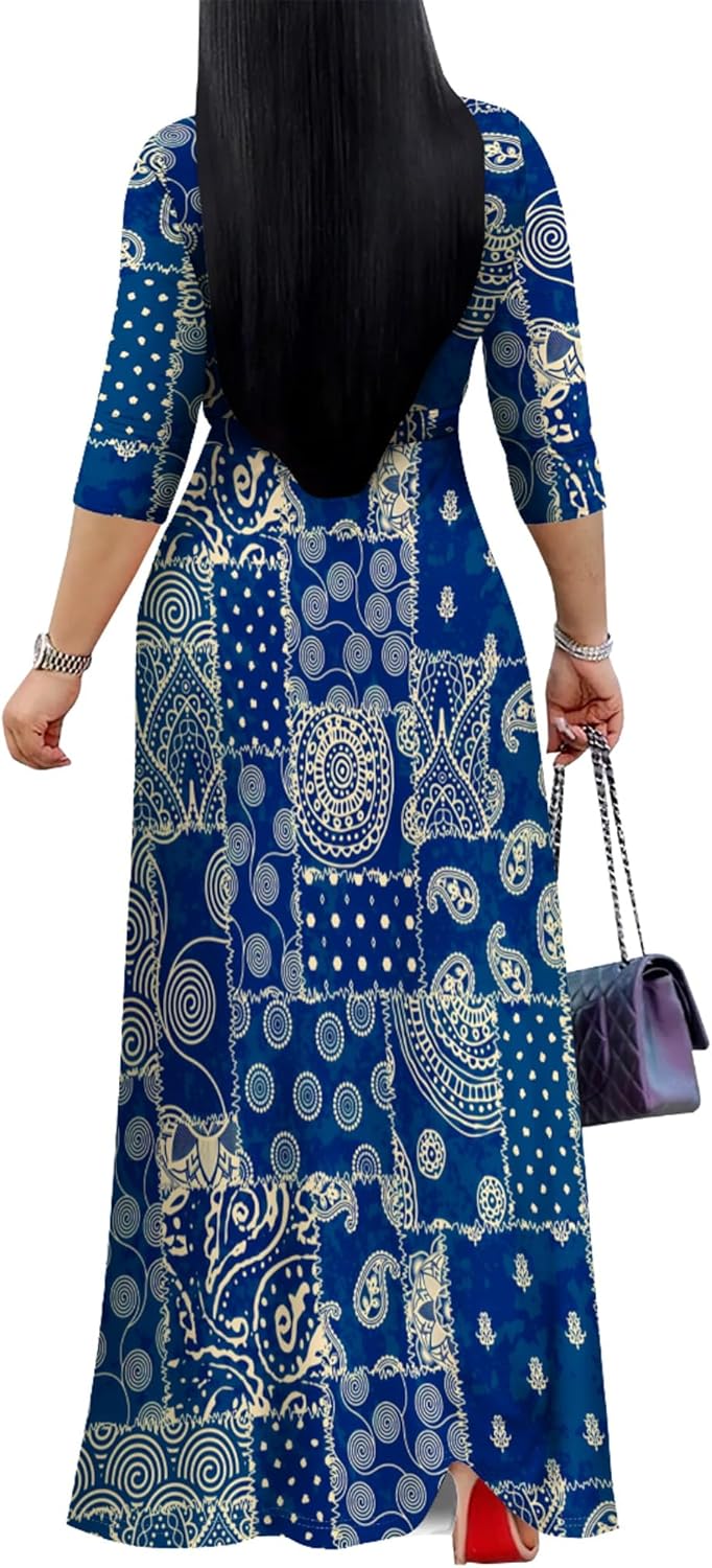 Plus Size Dresses for Women Print Maxi Dresses Flowy 3/4 Sleeve with Belt - Image 4
