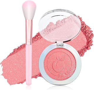 Prreal Pearl Powder Blush with Brush, Fine Lightweight Blushes for Cheeks, All-Day Wear Highlighter Glitter Blusher Powder Palette, Face Makeup Set#01