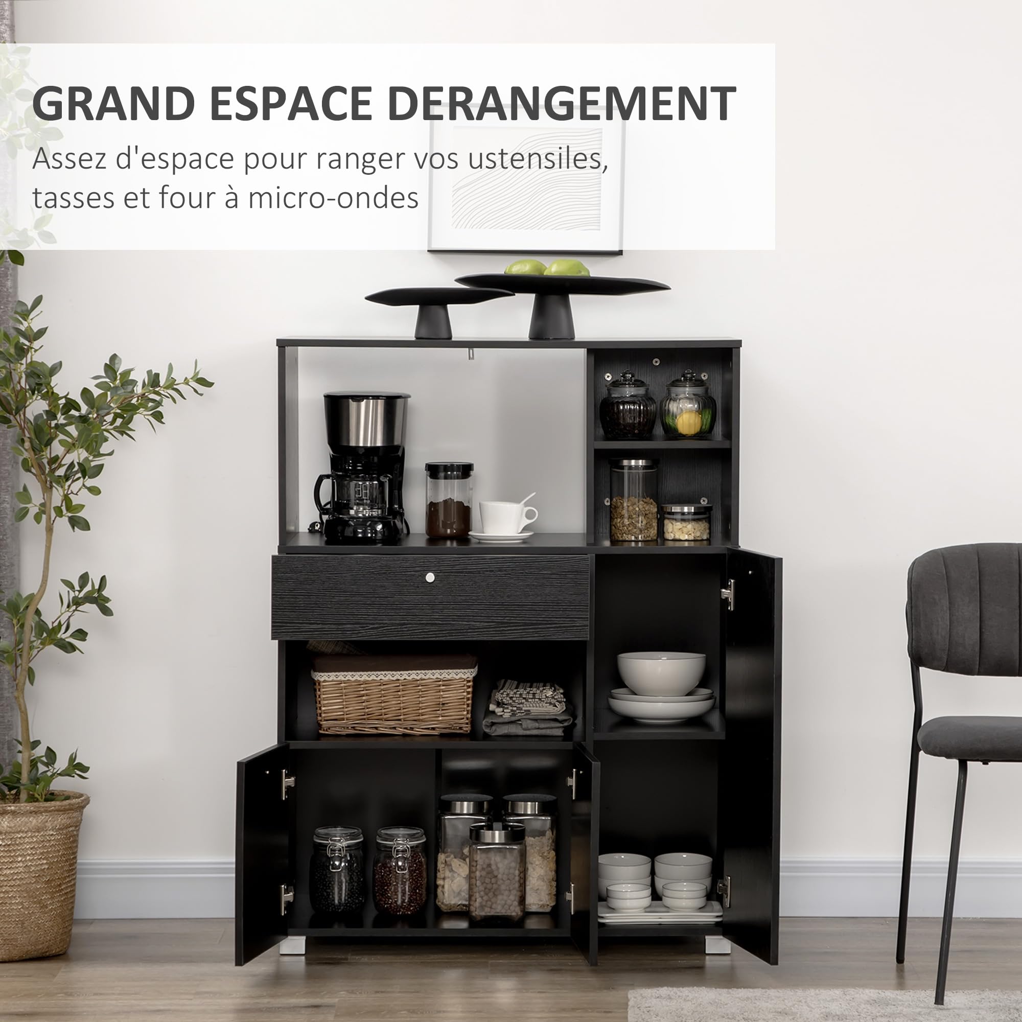 HOMCOM Meuble de Micro-Onde Buffet 2 Placards 90L x 40l x 120H cm Noir | Armoire Cuisine, Meuble de Rangement Multi-Rangements, 4 Niches, Tiroir Coulissant, en Bois
