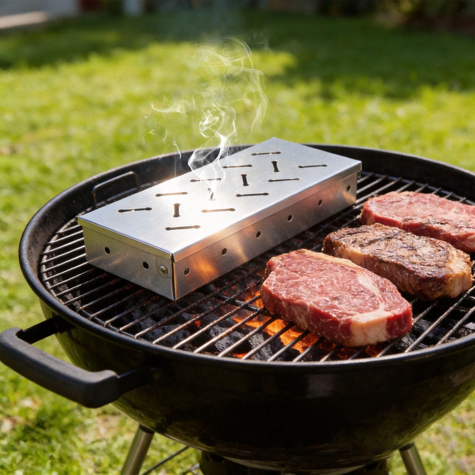 Caja ahumadora para barbacoa con astillas de madera, accesorios de acero inoxidable de alta resistencia para infusión de sabor ahumado en carnes y pescados, compatible con parrillas de gas y carbón.
