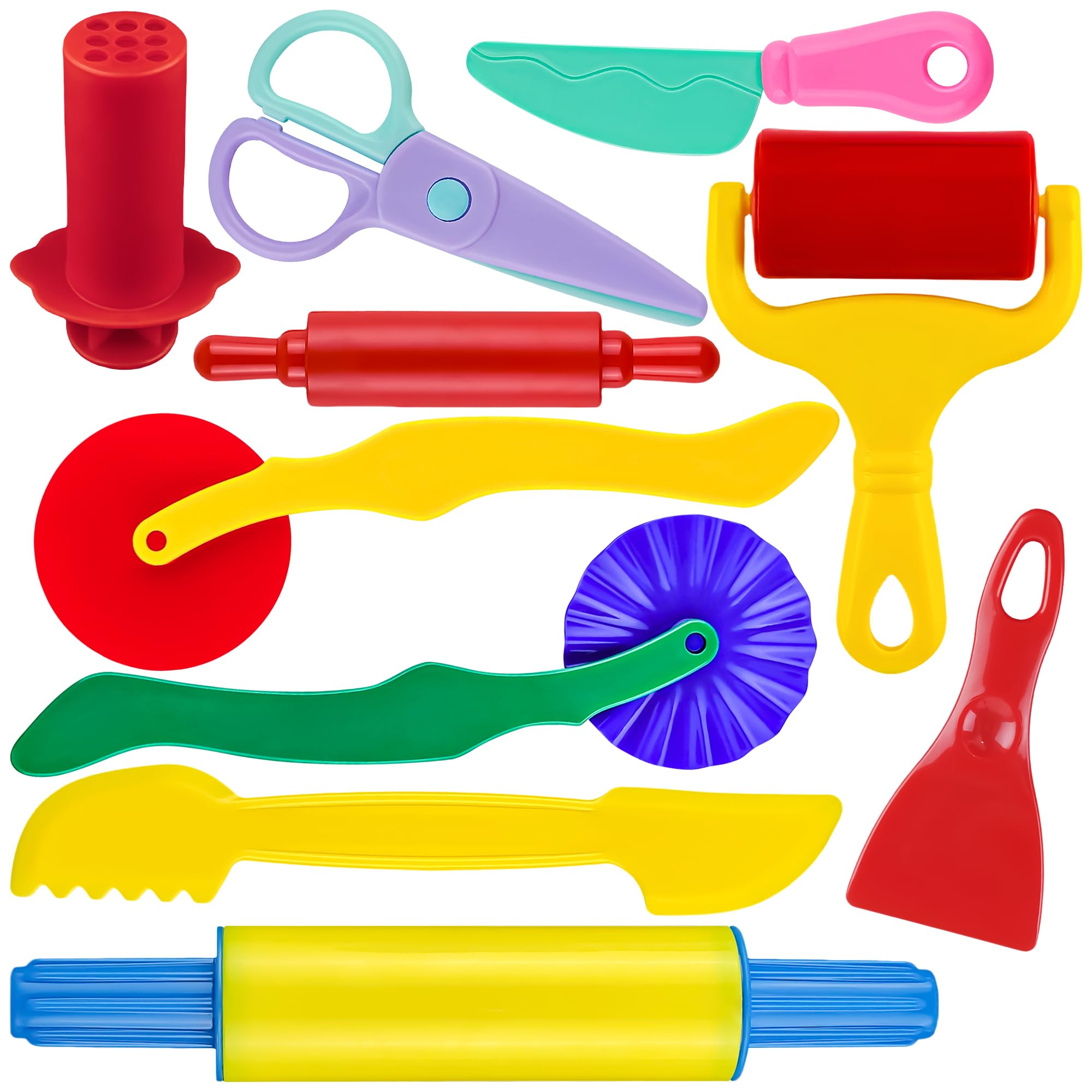 Oun Nana Playdough Tool Set for Kids, 10 PCS Basic Playdough Starter Set, Playdough Accessories with Pizza Cutter, Safety Scissors, Rolling Pin, Roller, Dough Extruder, Plastic Playdough Toys