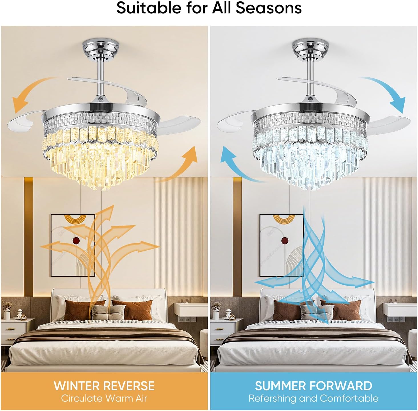 42" Fandelier Ceiling Fan with Light, Chandelier Ceiling Fans with Lights,Retractable Crystal Ceiling Fan for Bedroom Living Room,6 Wind Speed,3 Color Tempeature-Chrome