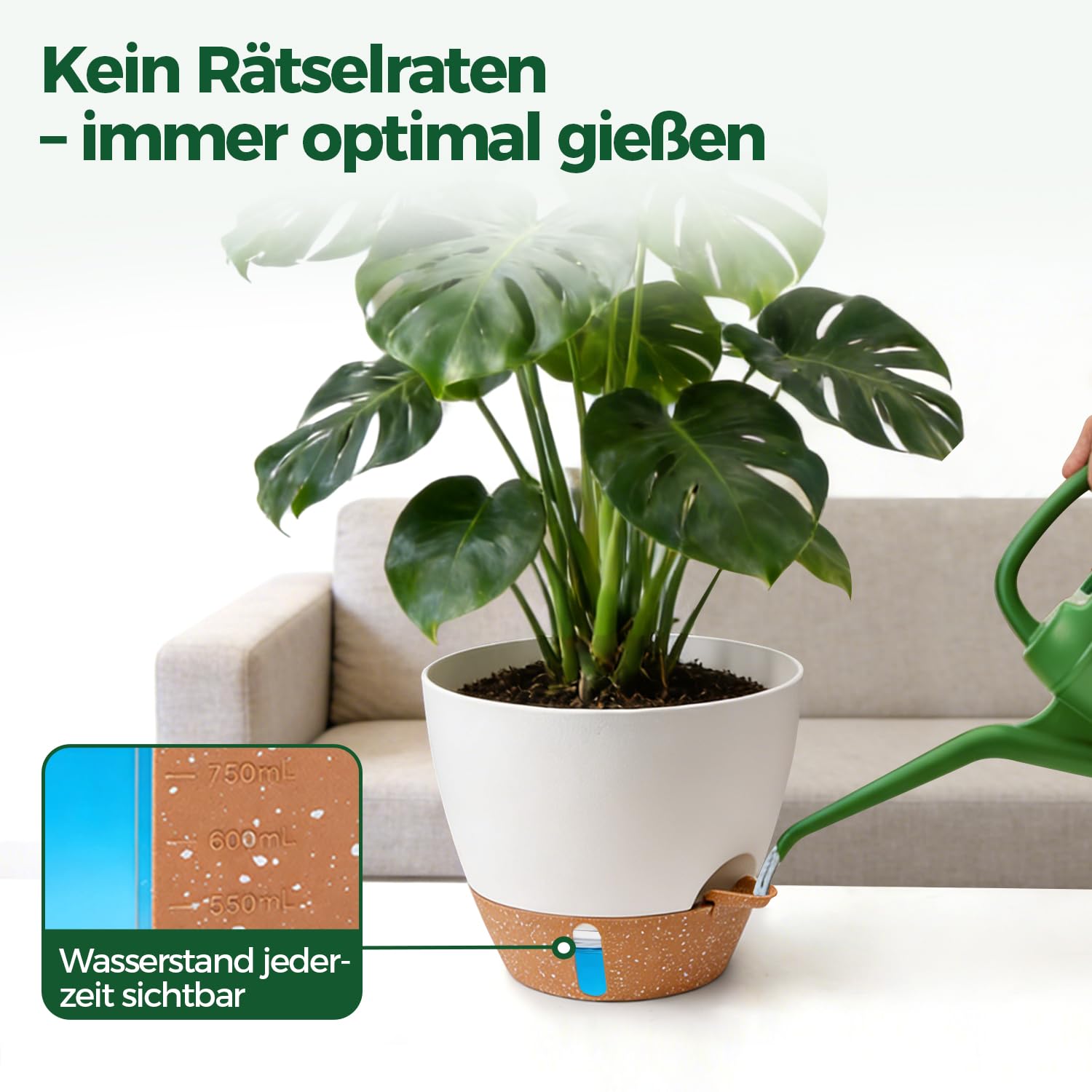 T4U 2er Set 25cm Selbstbewässernder Blumentopf mit Wasserstandsanzeige, ideal für Geigenfeige & Monstera, pflegeleicht, blumentopf Gross innen & pflanzkübel groß außen,（Weiß）