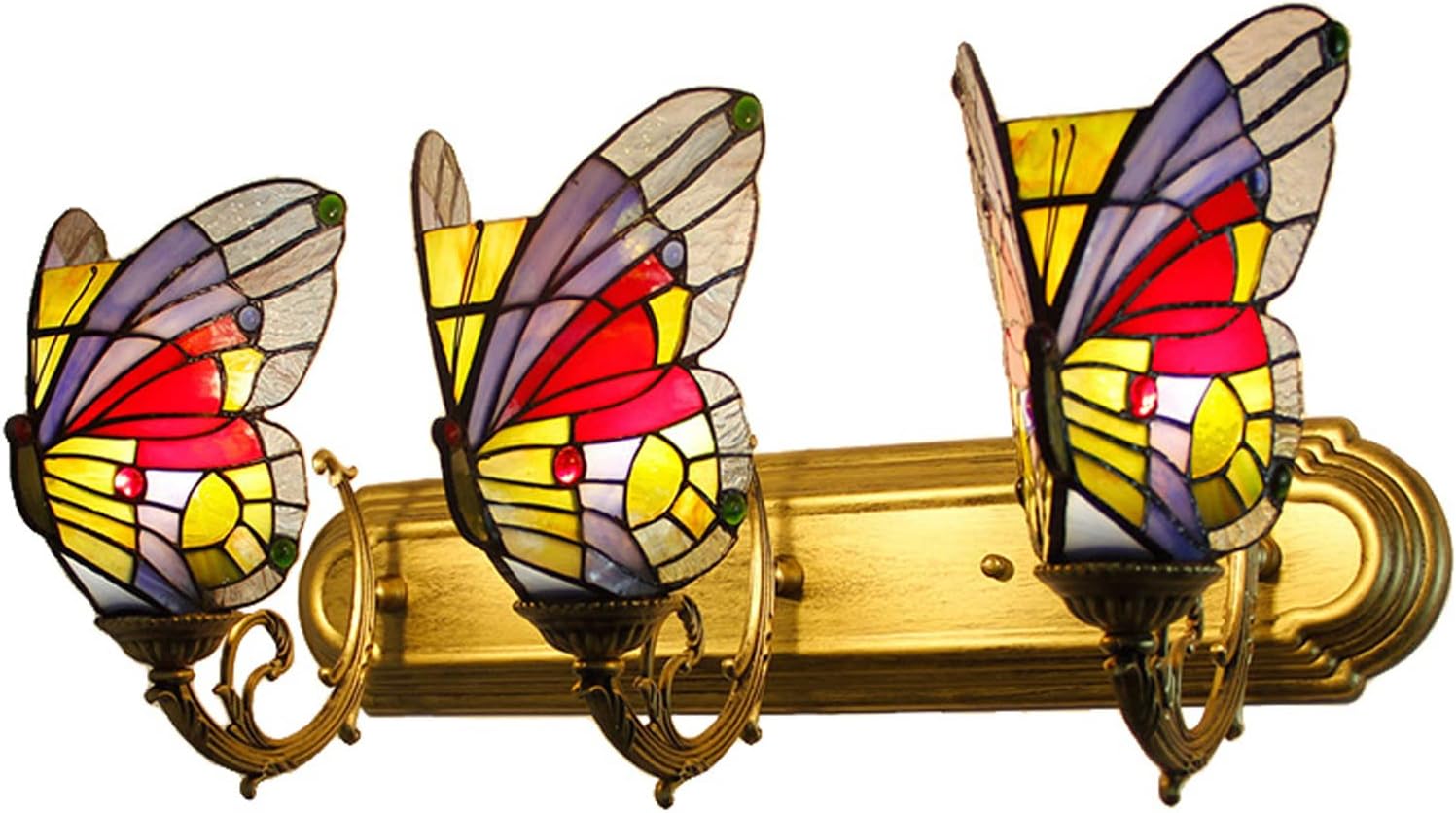 Tiffany Style 3-Armed Bathroom Vanity Lights Butterfly Stained Glass Sconce Lamps European Retro Mirror Front Lamp for Bathroom Make Up Hallway, 24"*11.8",B