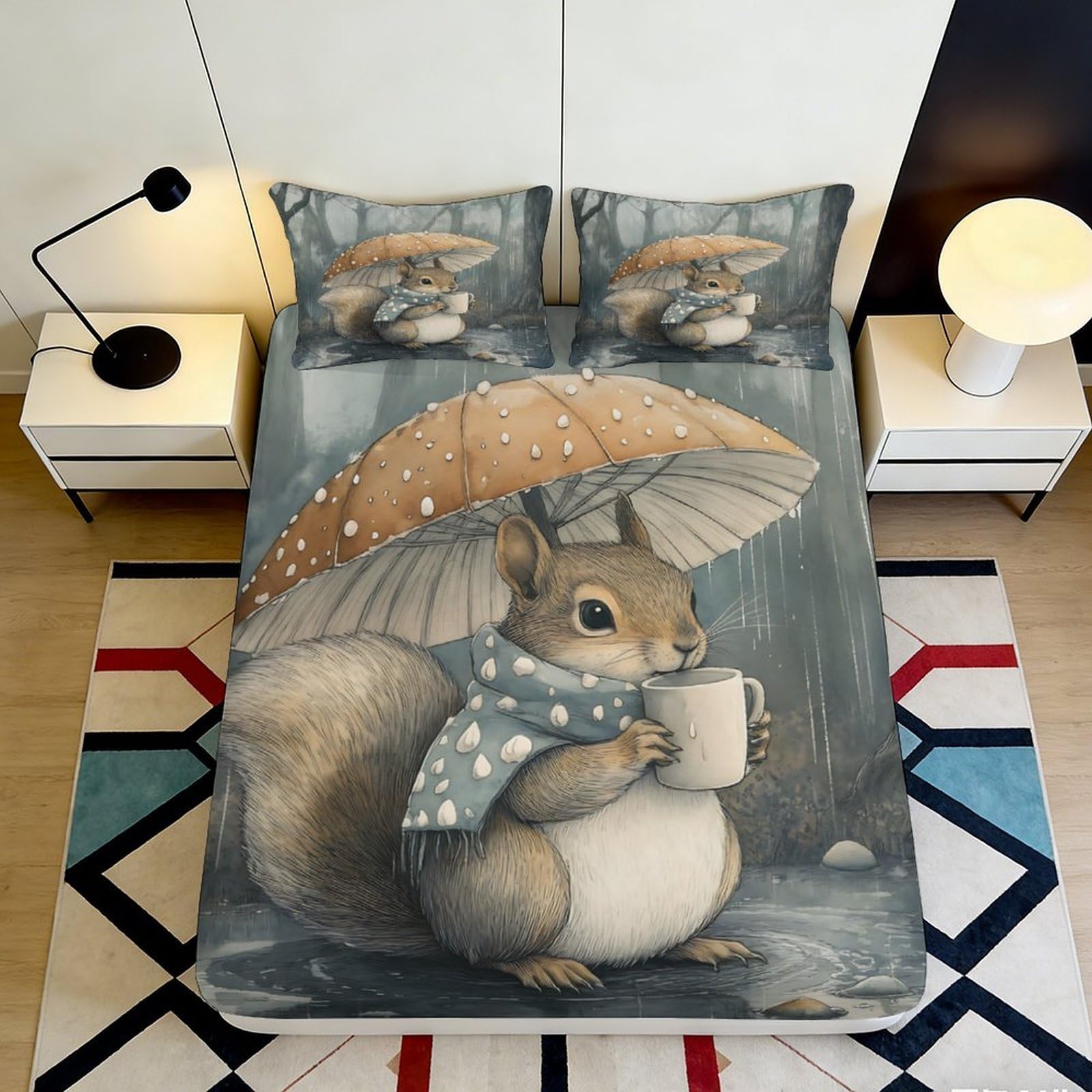 3D Printed Squirrel Umbrella Fitted Sheet Microfiber Soft Cozy Woodland Animal Bed Cover for Bedroom Guest Room Decor 90x200x25cm