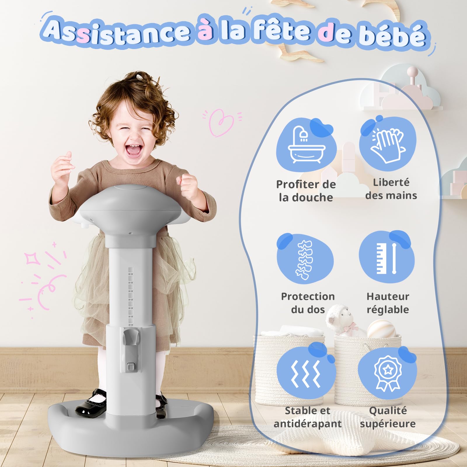 COOSEYA® Baignoire bébé avec support de douche | Support anti-pincement, tour de douche réglable pour aider bébé à se tenir debout, idéal comme douche bebe debout et cadeau prénatal