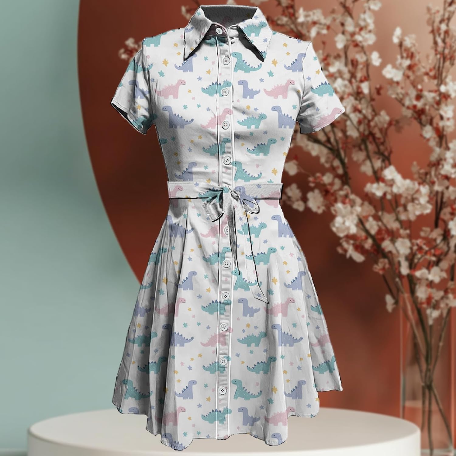 MARSVOVO Cute T Shirt Dress for Women Short Sleeve Button Up Tie Waist Elegant Casual Collared Smocked Midi Dress - Image 2