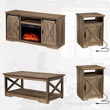 AMERLIFE Farmhouse 5 Piece Living Room Table Set, 59" TV Stand, Barnwood