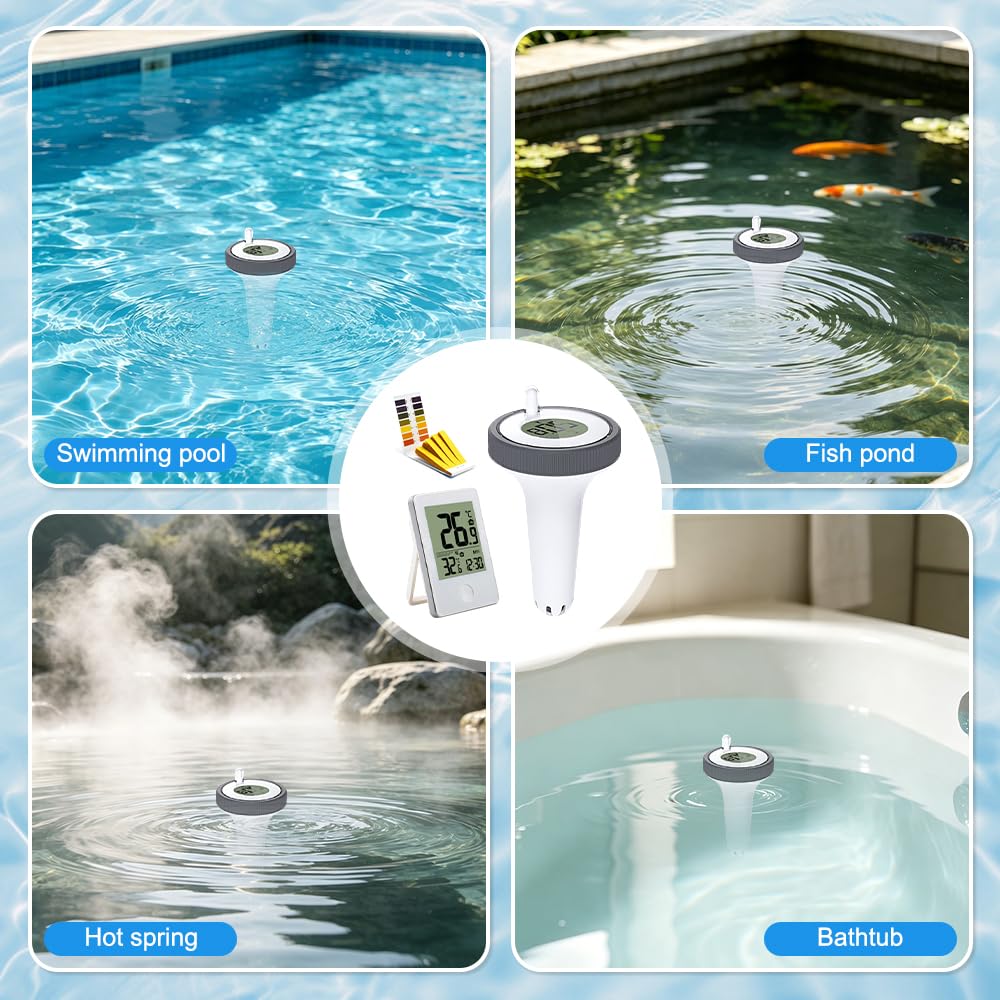 Pool Thermometer Funk, Thermometer Wassertemperatur Pool mit PH-Teststreifen, Poolthermometer Schwimmend, Badethermometer Pool Thermometer Wasserdicht für Teich Zubehör