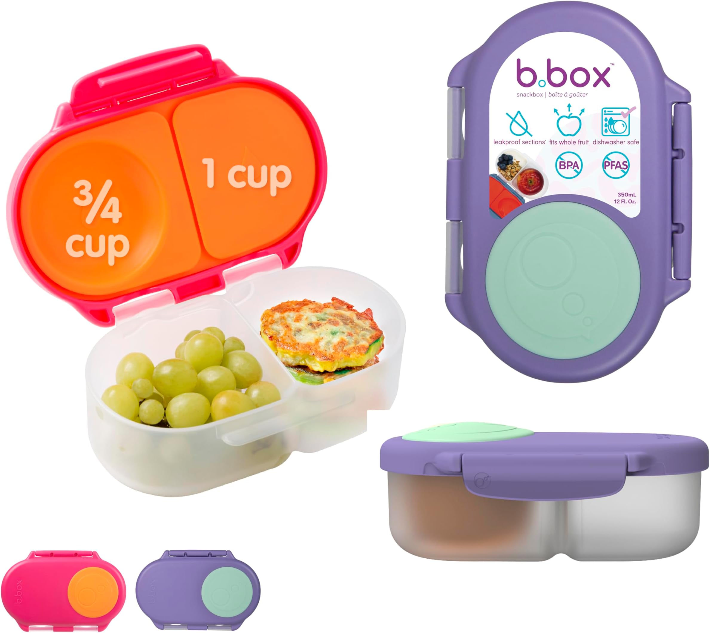 2 Pack Bento Snackbox | Leakproof Double Compartment Food Container with Lid | Ideal for Toddlers, Kids Lunch + Snacks | Expandable Surface | Container Free from BPA | Pack of 2 | Pink/Purple