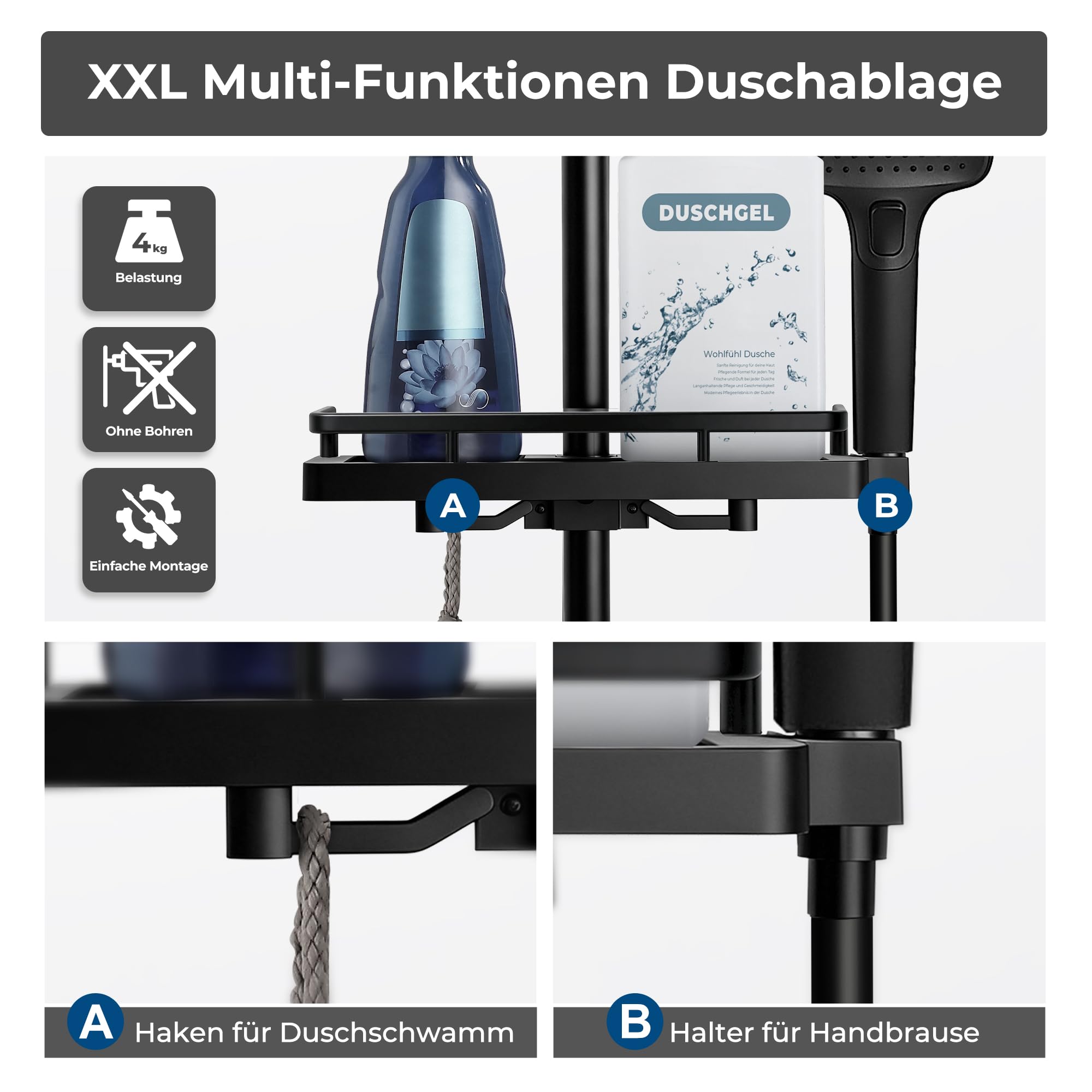 Görbach Duschsystem mit Thermostat – Edelstahl Duschset mit Duscharmatur, Brausestange Set mit Thermostatarmatur, Handbrause, Schlauch, Duschstange 70 cm mit Duschablage, Schwarz