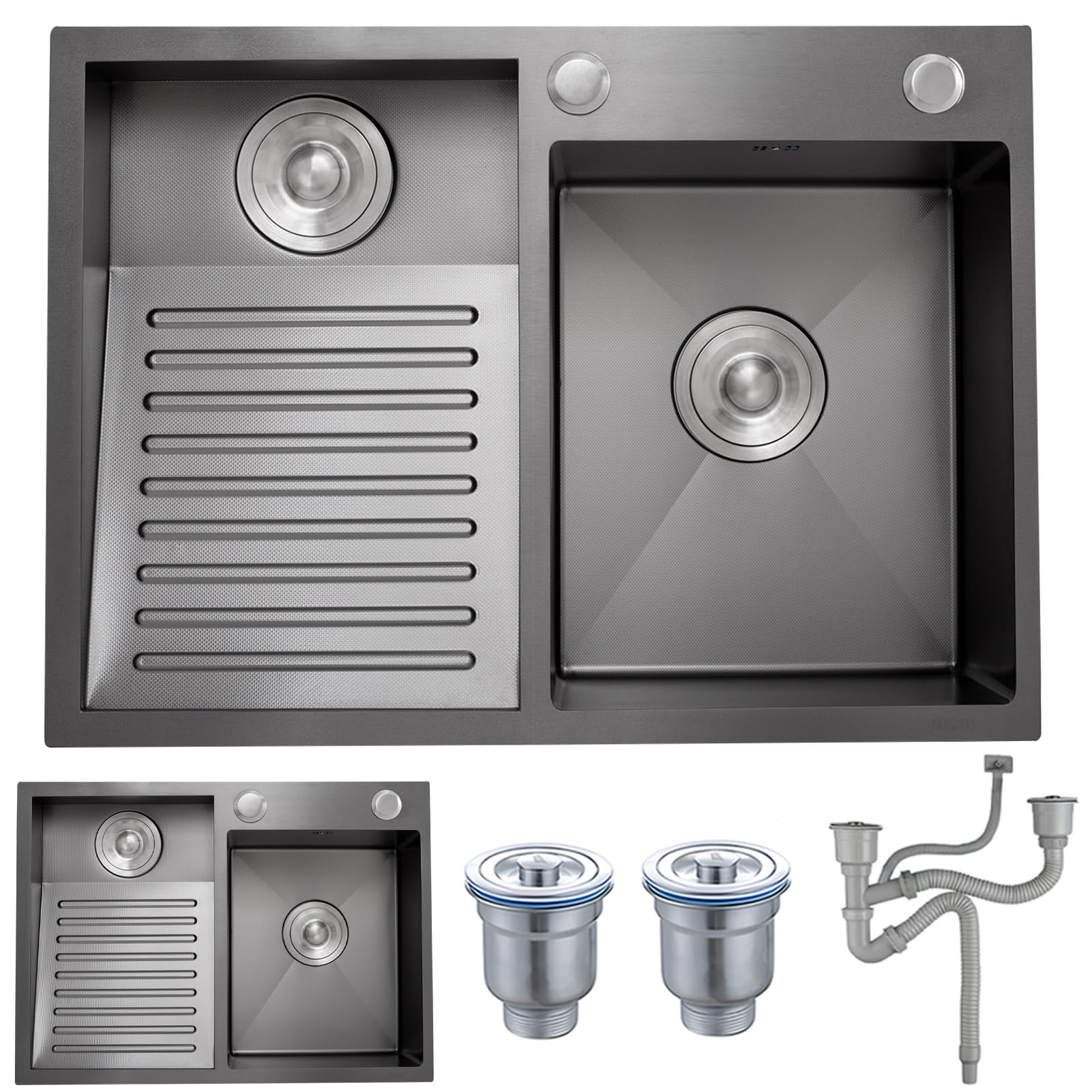 WIQUYBML Stainless Steel Laundry Sink With Integrated Washboard, Heavy-Duty Handwashing Tub Drain Kits, Durable Utility Washing Basin For Basement, Room, Garage, Outdoor Use(Black Left,60x48x22cm)