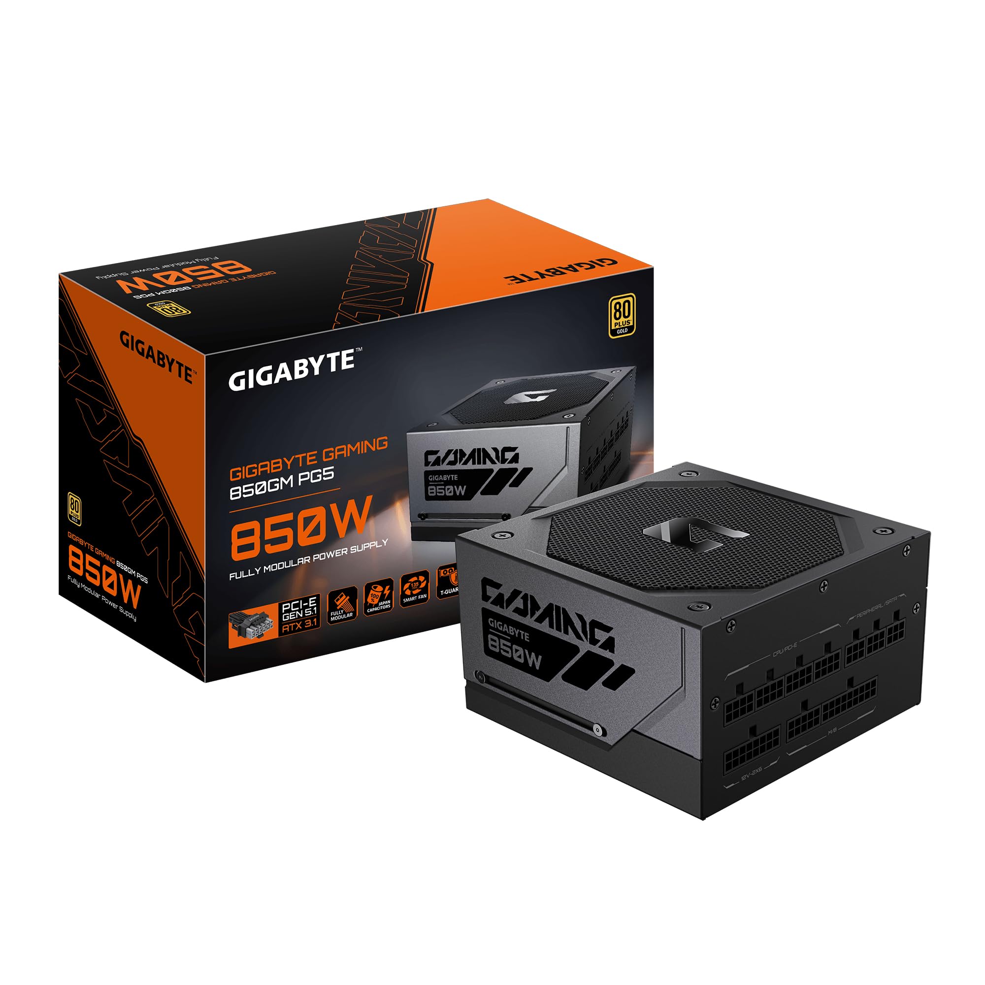 GIGABYTE GAMING 850GM PG5 zasilacz - PCIe 5.1, 80 PLUS Gold, w pełni modułowa konstrukcja, wentylator 135 mm, kompatybilny z ATX 3.1, wtyczka EU