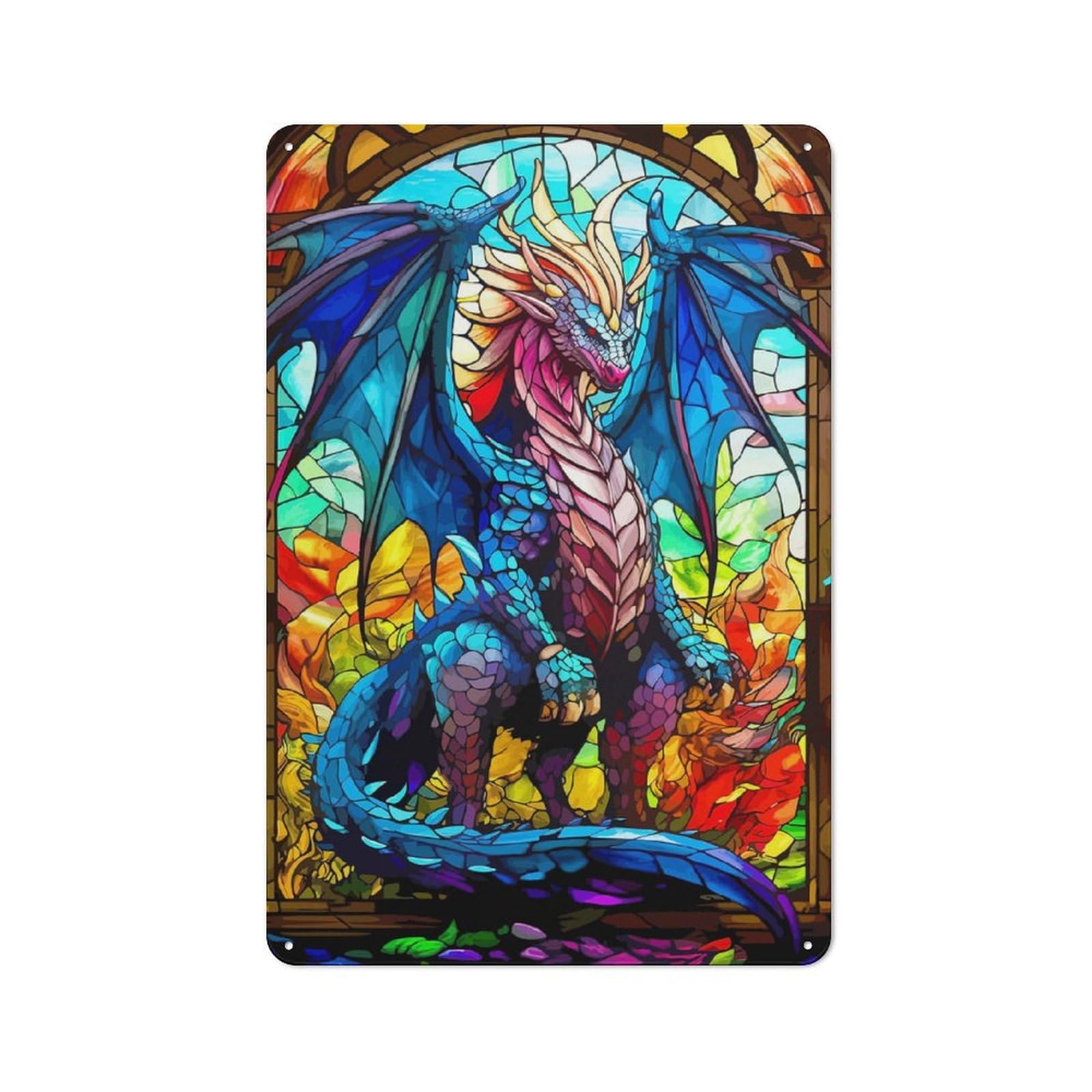Junmoney Stained Glass Dragon Industrial-Style Metal Sign 30X20cm For Home Bar Wall, Housewarming Wall Decor For People Furnishing Home Bar