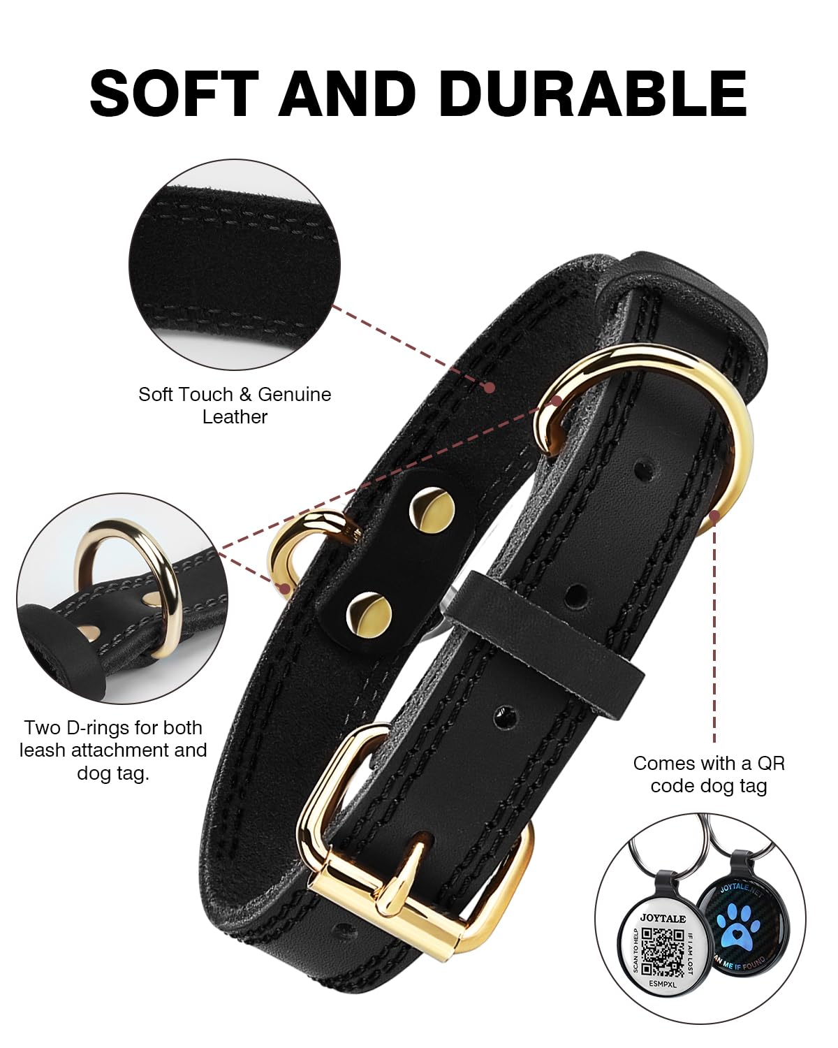 Joytale Genuine Leather Dog Collar with Metal Buckle, Heavy Duty Soft and Durable Leather Collars, Adjustable for Medium Dogs Black, M - Image 3
