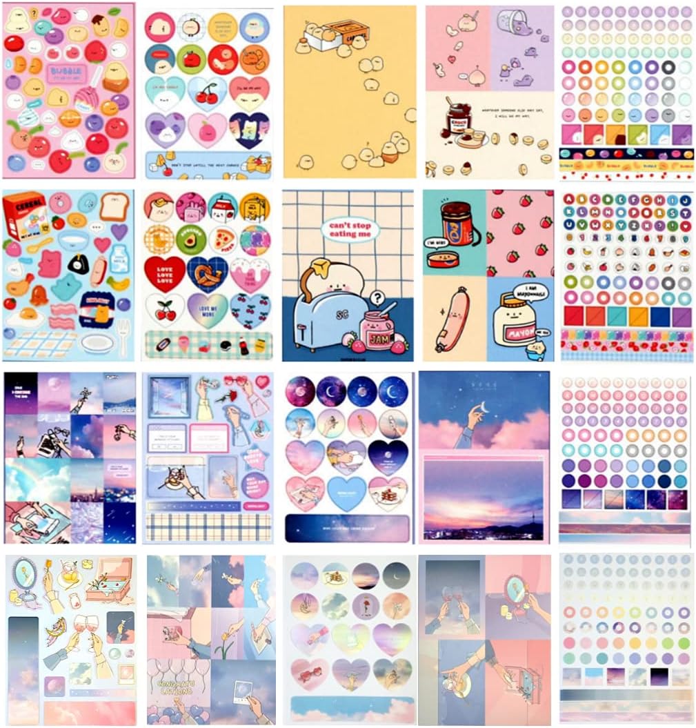amazon com cute essential daily kawaii korean aesthetic stationery sticker pack 20 sheets total 498 for planners diaries journals scrap books gift for college school removable glossy included office products
