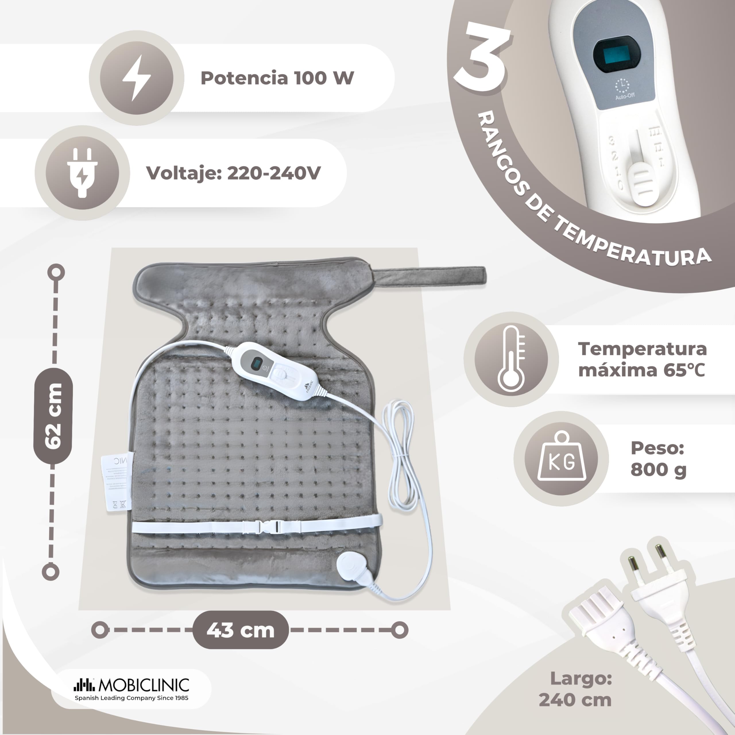 Mobiclinic, Almohadilla eléctrica, Dorsal y cervical, 62x43, Muy bajo consumo, 100w, Térmica, 3 niveles de calor, Apagado automático, Lavable, Para espalda, Esterilla