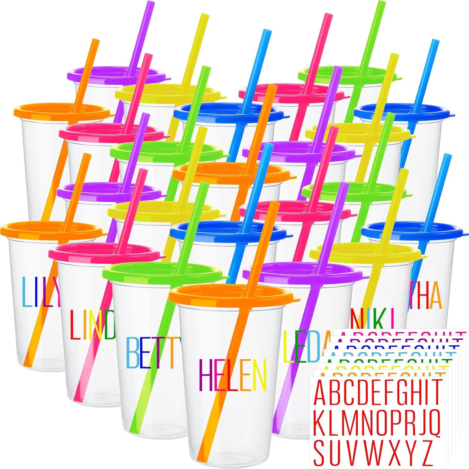Nuanchu Plastic Cups with lids and Straws Reusable 14oz Tumbler with Sheets Letter Stickers for adult Iced Coffee Cup Travel Mug for Party Favors Beach Juices(Vivid Colors,24 Pcs)