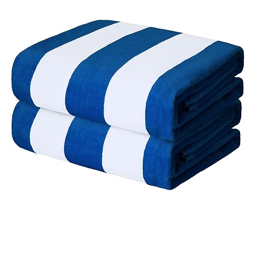 Exclusivo Mezcla 2-Pack 100% Cotton Oversized 35"x70" Cabana Stripe Beach Towels, Super Absorbent Soft Plush Pool Towel, Bath Towel (Ocean Blue)