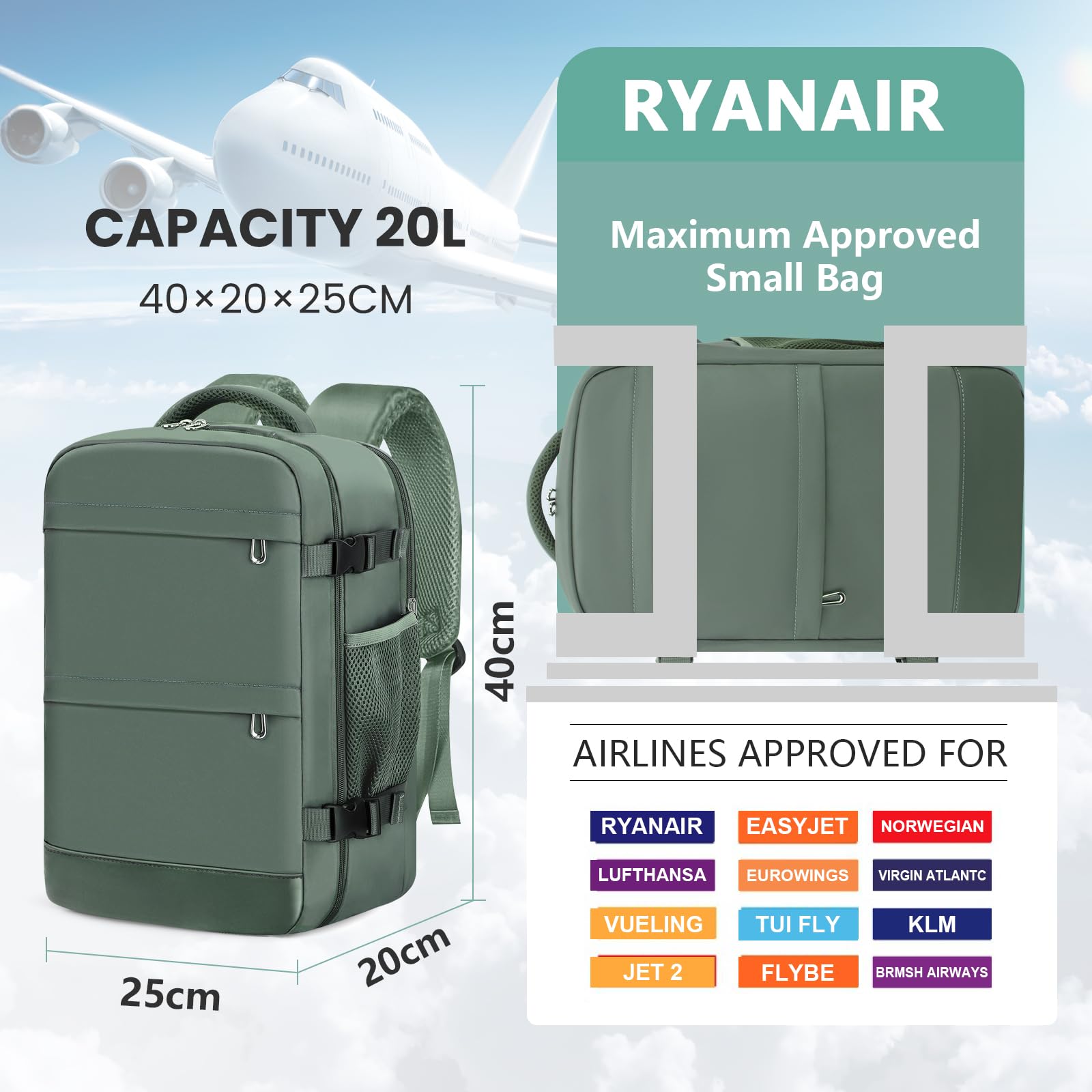 KIRFEIHT Bagage Cabine 40x20x25 20L pour Ryanair - Sac à Dos de Voyage pour compagnies aériennes - Bagage à Main Avion - Vert