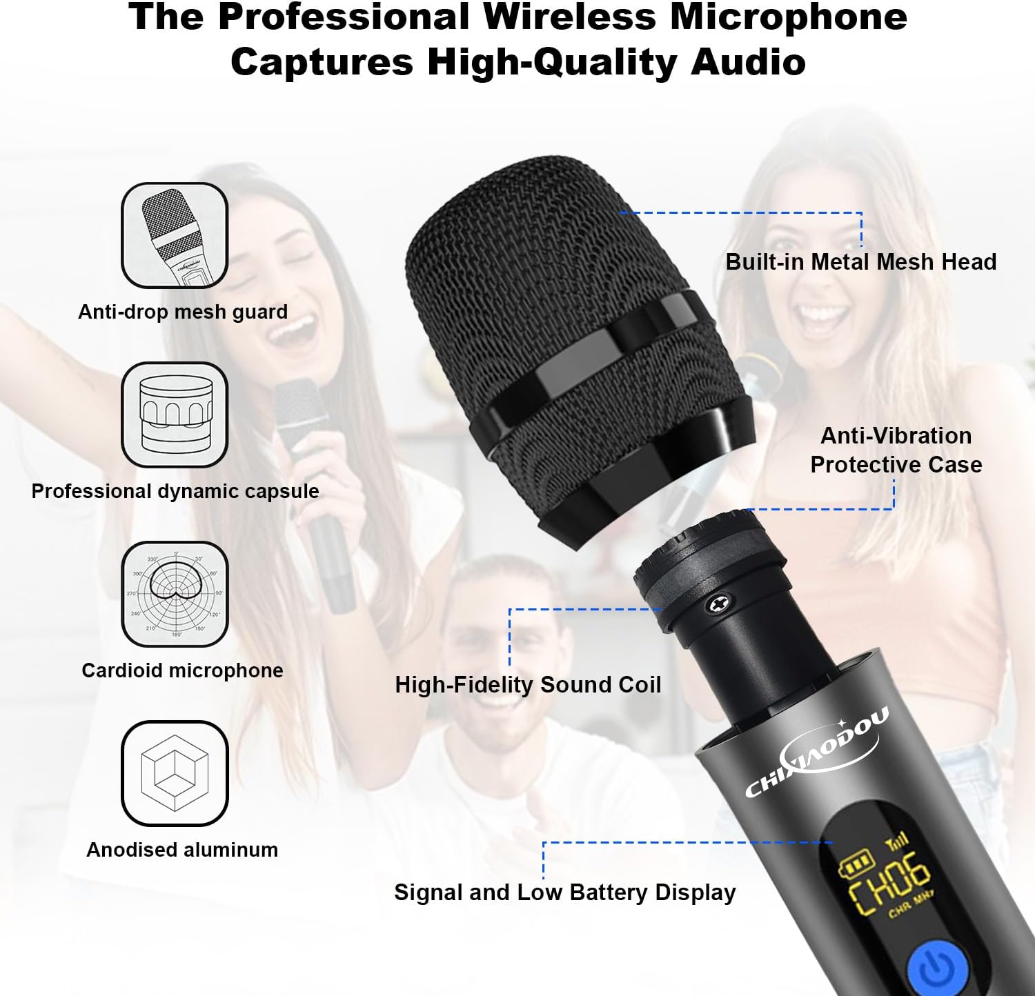 Wireless Microphone, Professional UHF Metal Dual Handheld Cordless Dynamic Microphone with Rechargeable Receiver, 164 Ft, Plug and Play, 1/4'' Output, Karaoke Singing, Speech, Wedding, Party, Gray - Image 4