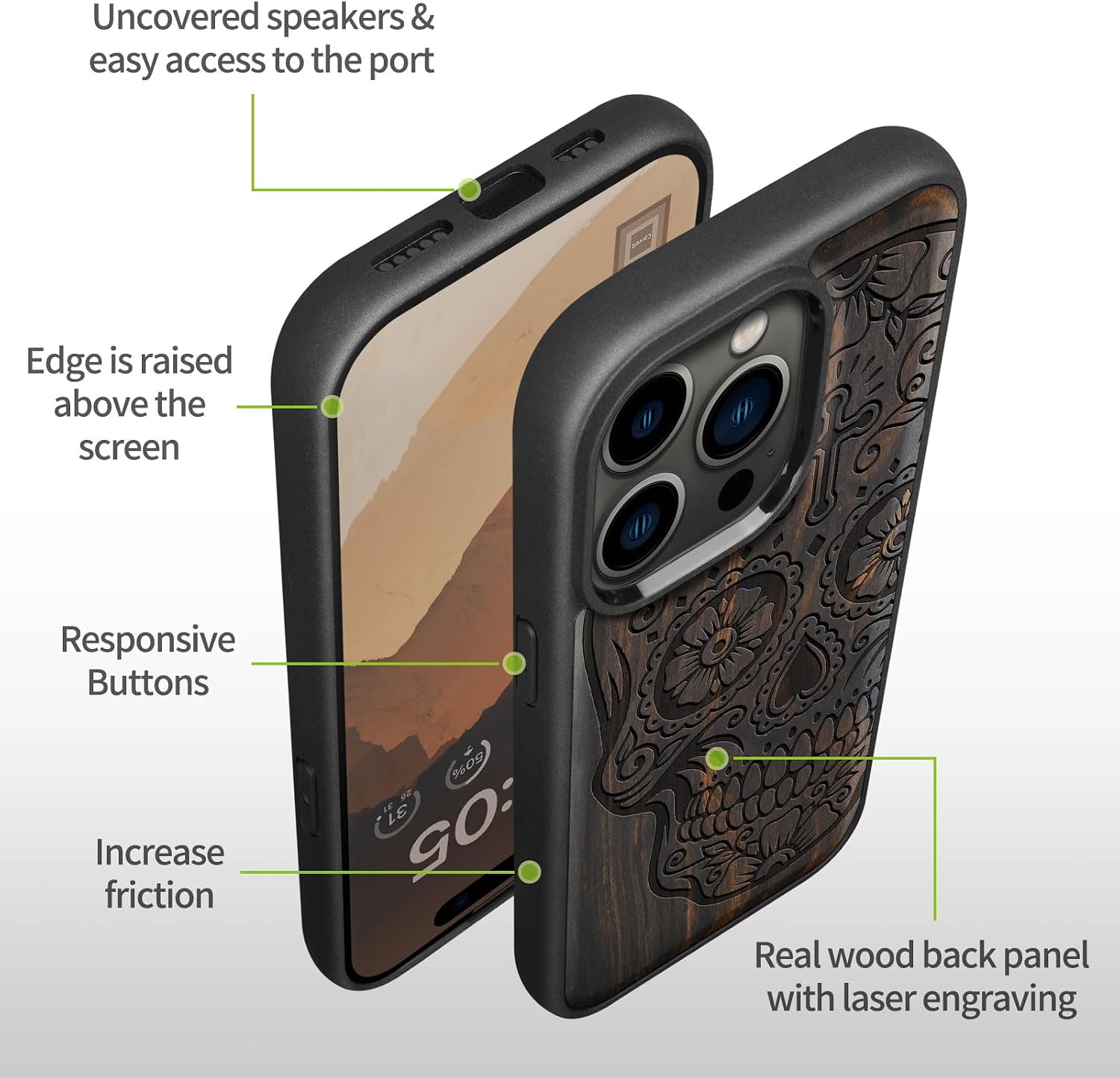 Carveit Magnetic Wooden Case for iPhone 15 Pro Case, Compatible with MagSafe Wireless Chargers, Black Soft TPU Shockproof Cover & Wood Artisan Engraved (Sugar Skull) - Blackwood