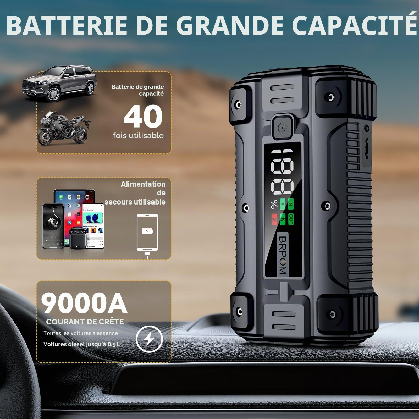 BRPOM Démarreur de voiture, pic de 5000A 26800mAh (jusqu'à tous les moteurs à essence ou diesel de 10,0L, 50 fois) Chargeur de batterie booster auto 12V boîtier de démarrage avec chargeur rapide