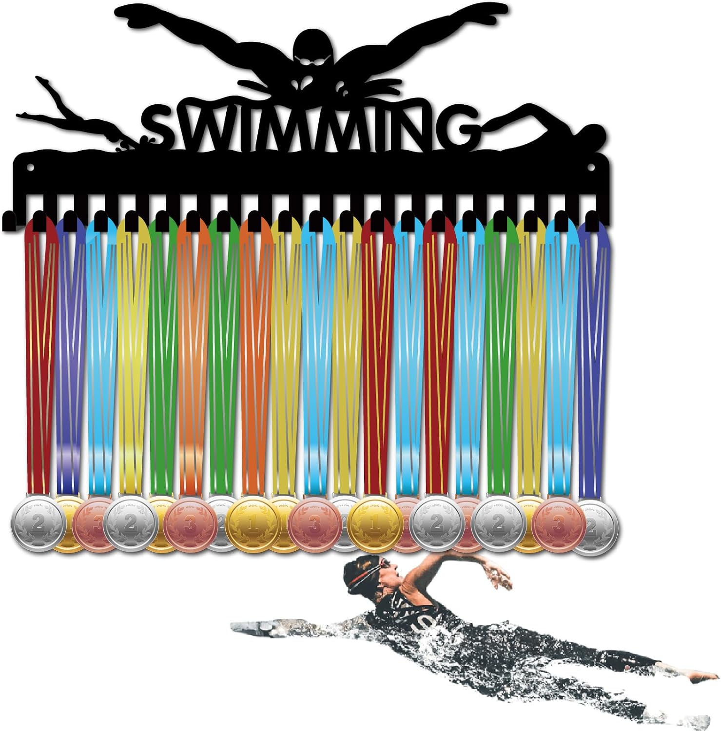 CREATCABIN Swimming Medal Holder Hanger Medals Hooks Sports Awards Display Rack Race Ribbons Organizer Black Metal Case Frame with 20 Hooks for Hanging Over 20 Medals Swimmer Medalist 15.7 x 5.9 Inch