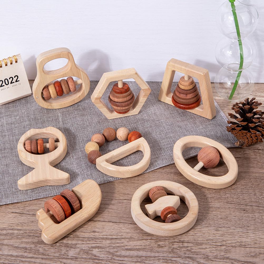 Holz-Babyrassel-Set, Montessori-Sinnes-Zahnungsspielzeug, Handgriff-Rasseln für Säuglinge