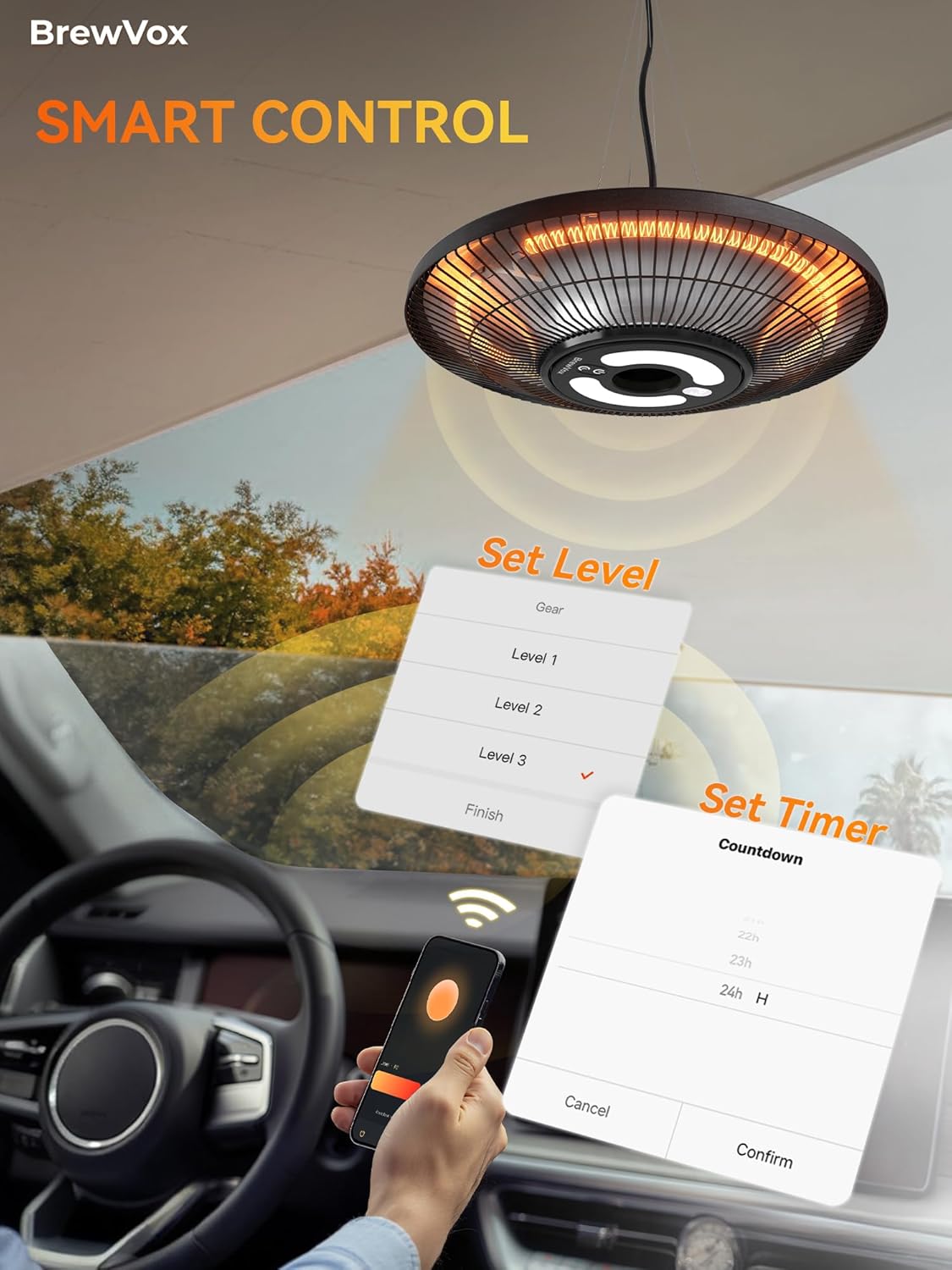 BrewVox 1500W Carbon Infrared Outdoor Patio Hanging Heater being controlled by a smartphone app from inside a car