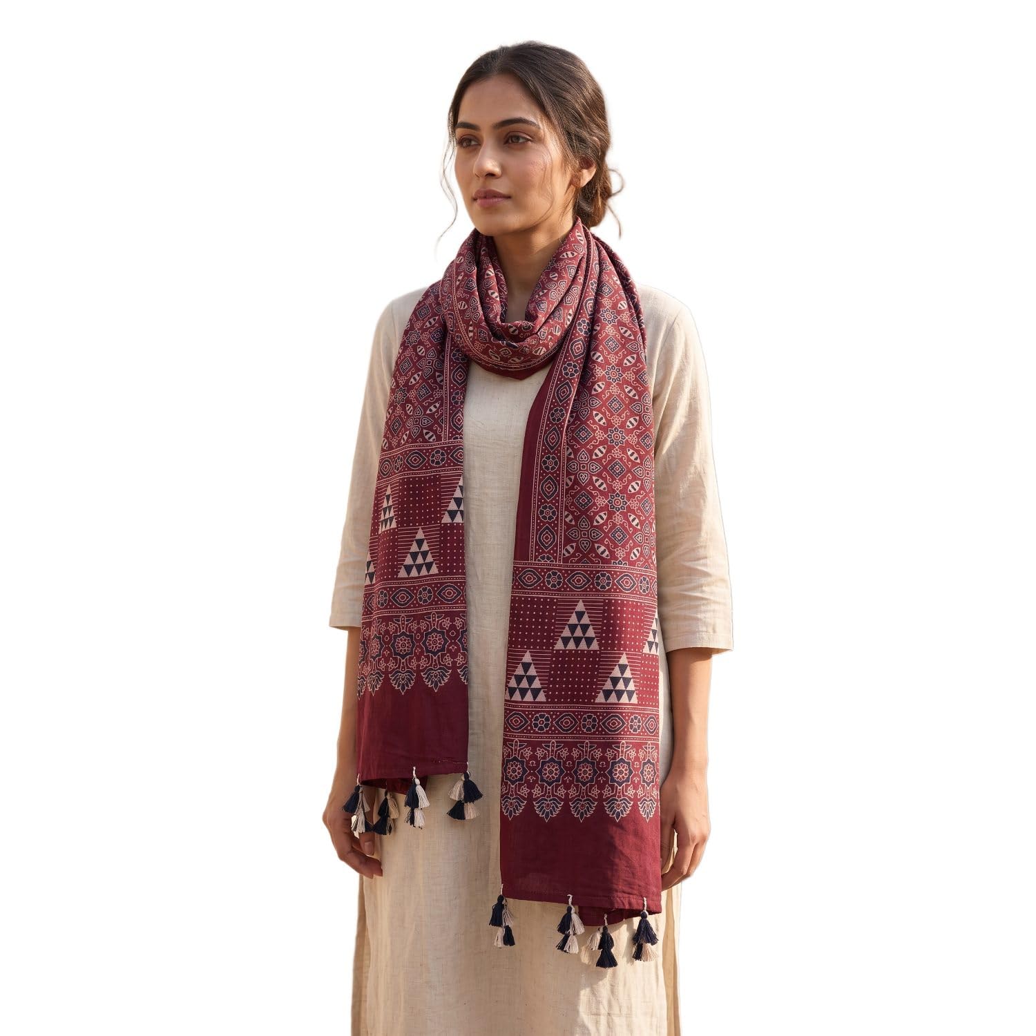 Ajrakh Print Cotton Stole with Tassels, Traditional Ethnic Scarf Stole for Women, 226 x 52 cm-image-22