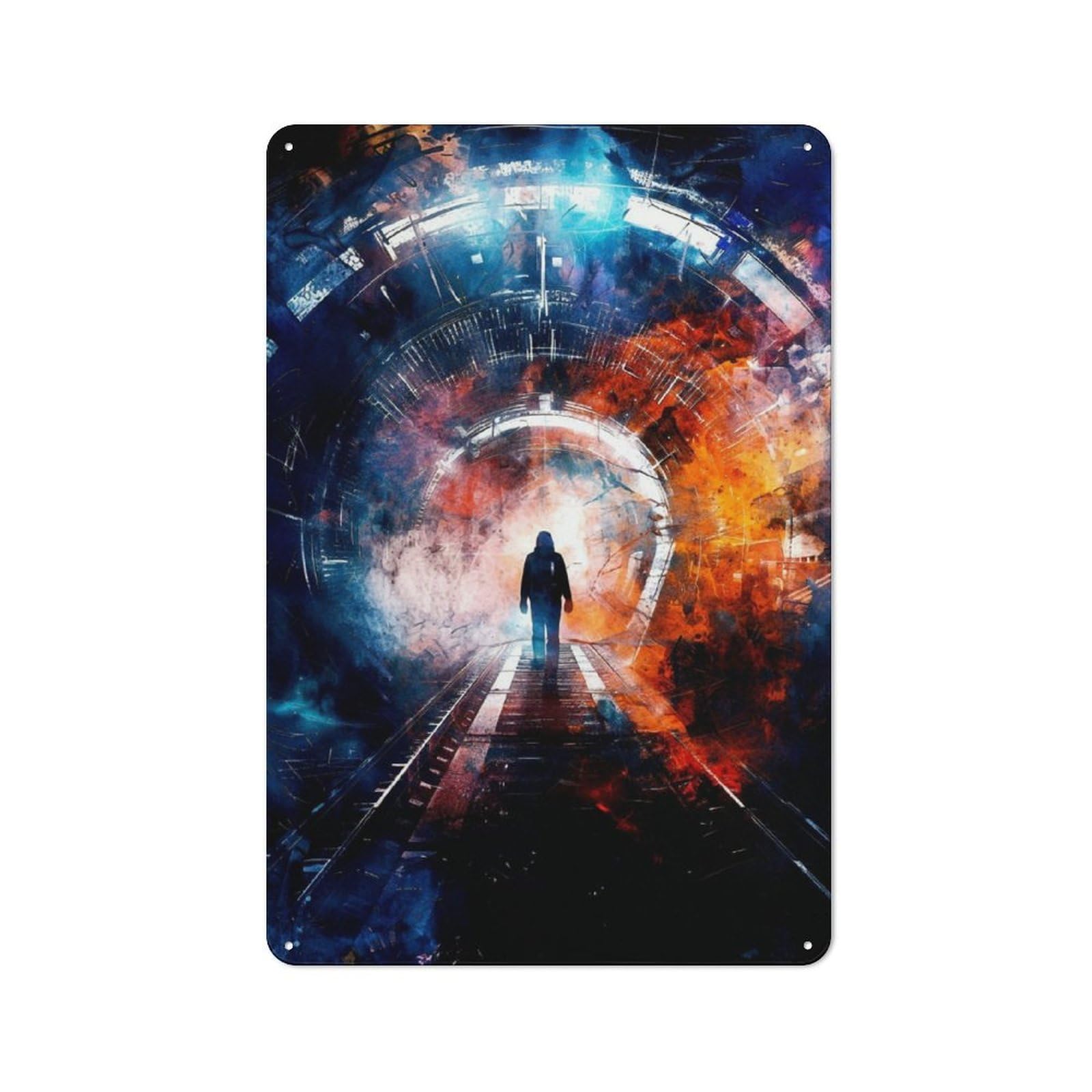Junmoney Silhouette In A Futuristic Tunnel Metal Sign 30X20cm With For Hallway Wall, Rustic Decor, Housewarming Present For People Styling Hallway
