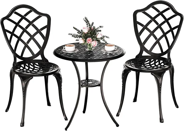 Z1UVDFUR 3 Piece Patio Bistro Set, Outdoor Bistro Table and Chairs Set of 2 w/Umbrella Hole, Rust-Resistant Cast Aluminum Bistro Set for Garden/Balcony/Backyard, Black