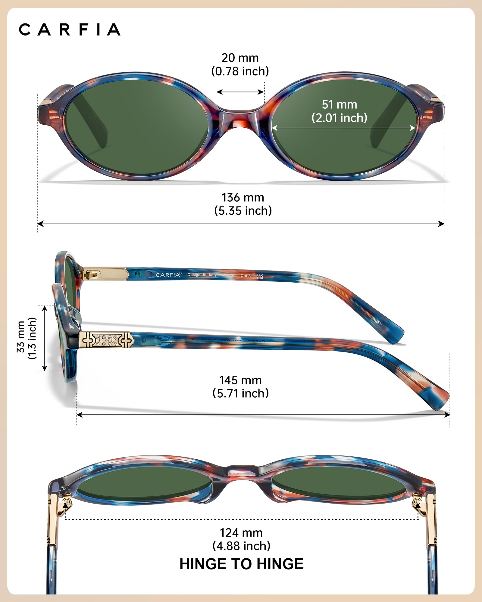 CARFIA Damen Sonnenbrille Polarisierten 99.99% UV-Schutz Gläsern Schmaler Acetat Rahmen Trendige Ovale Sonnenbrille CA6602
