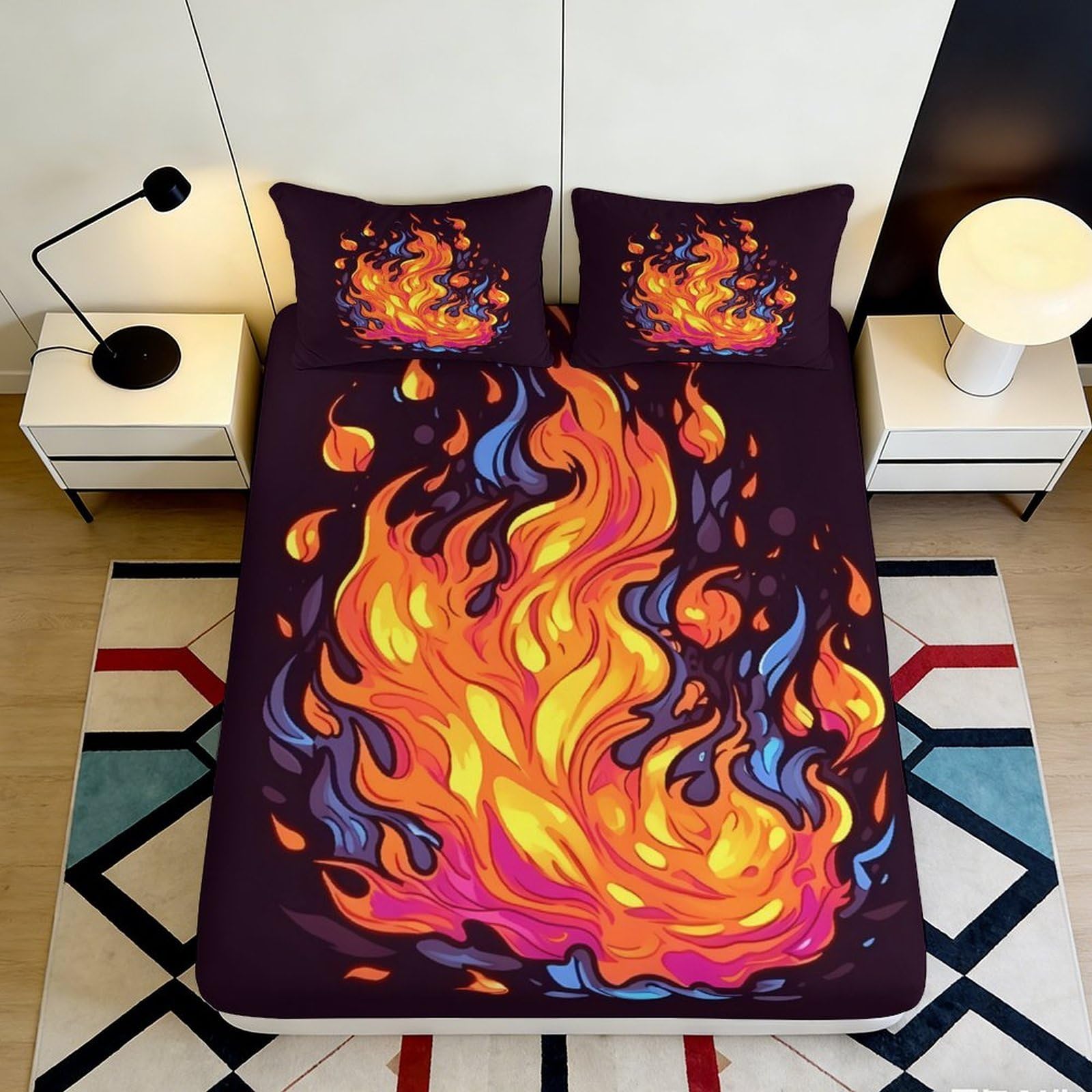 3D Printed Fire Flame Fitted Sheet Microfiber Soft Orange Blue Abstract Mattress Cover for Bedroom Dorm Decor 160x200x25cm