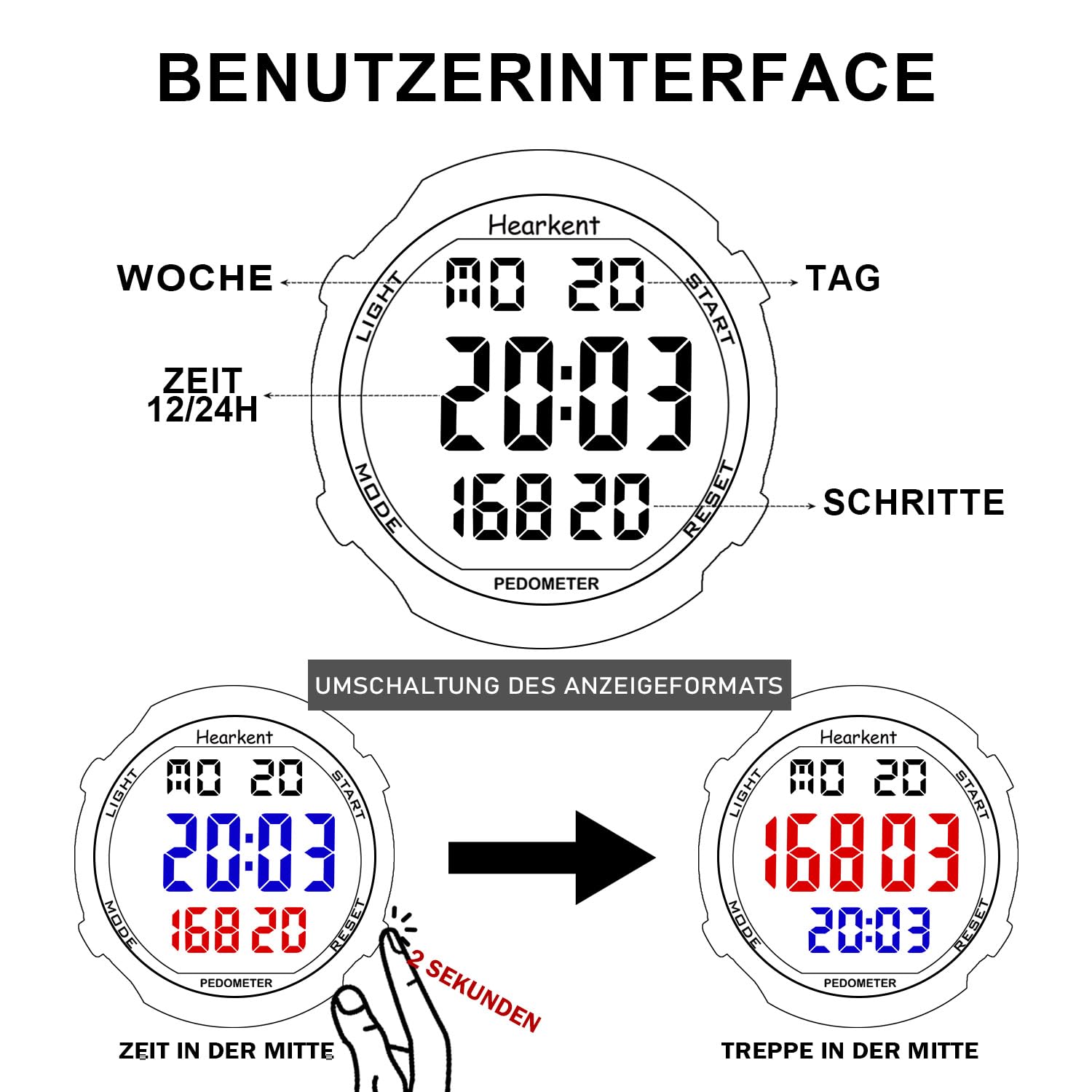 Hearkent Contapassi orologio senza Bluetooth, senza app contapassi, orologio impermeabile da 30 m, con numeri grandi LCD, contapassi per anziani, con conto alla rovescia, sveglia, contapassi