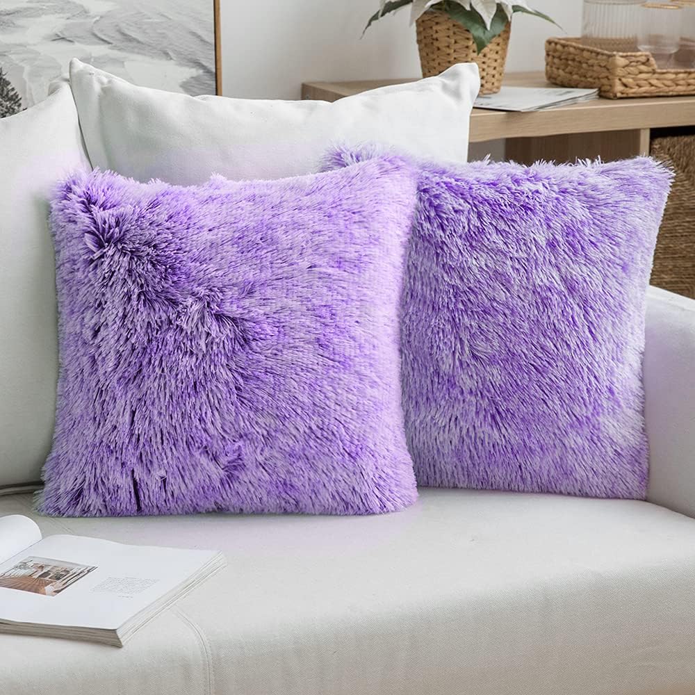 MIULEEPack of 2 Ultra Soft Fluffy Throw Pillow Covers Decorative Plush Shaggy Double-Sided Faux Fur Pillow Cases Cushions Covers for Sofa Bedroom Car, 18x18 Inch, Purple Ombre